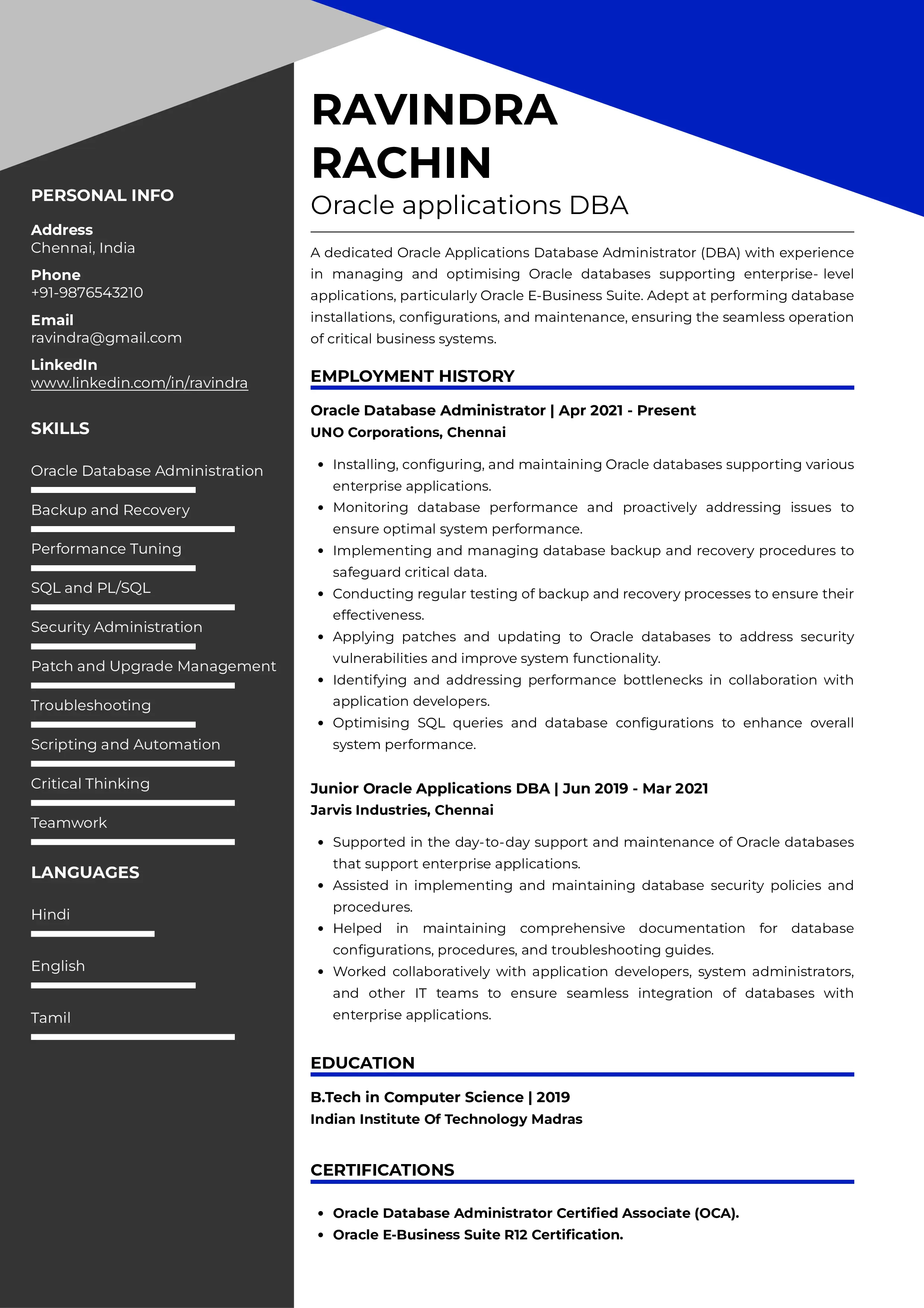 Sample Resume of Oracle Applications DBA | Free Resume Templates & Samples on Resumod.co