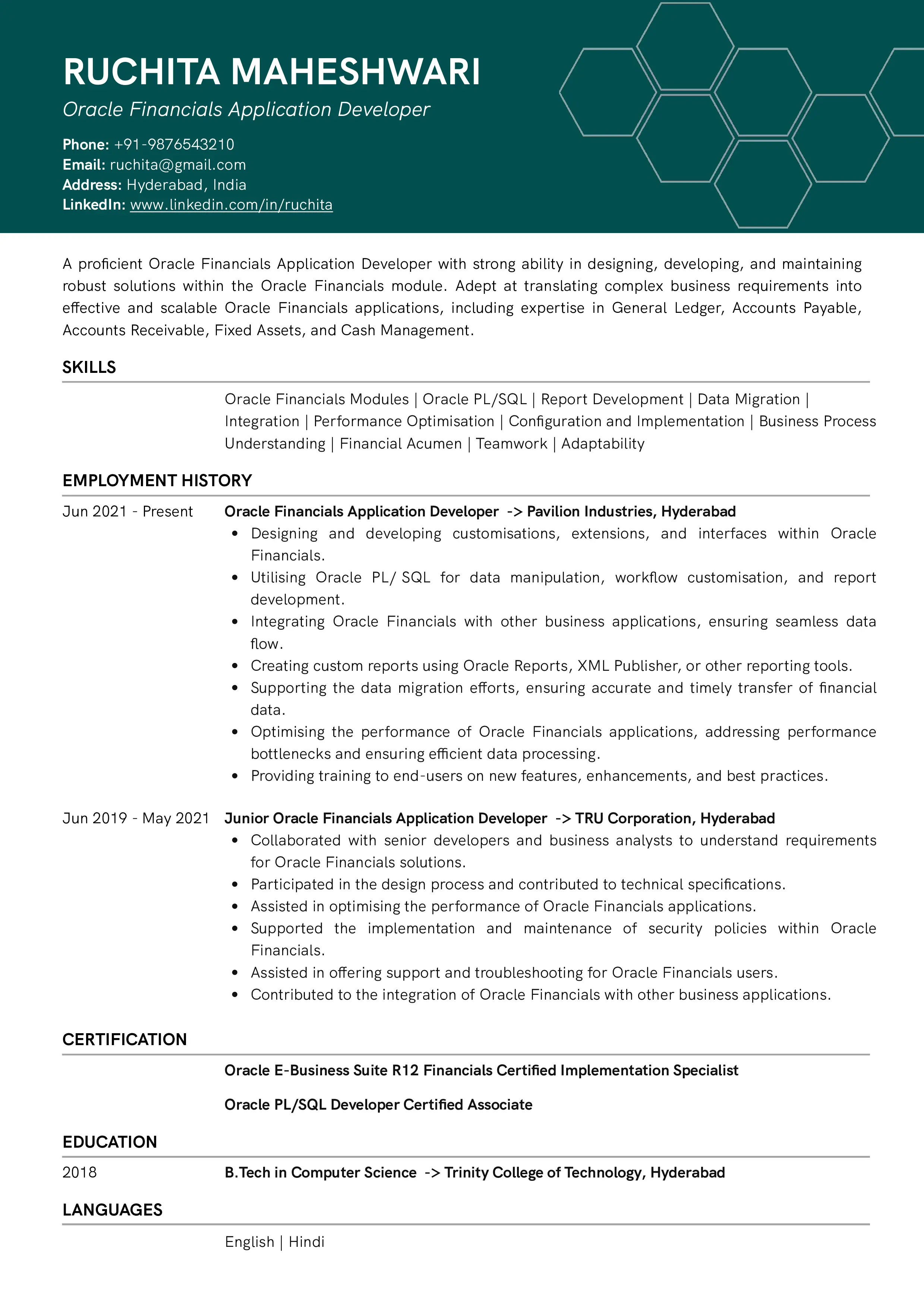 Sample Resume of Oracle Financials Application Developer | Free Resume Templates & Samples on Resumod.co