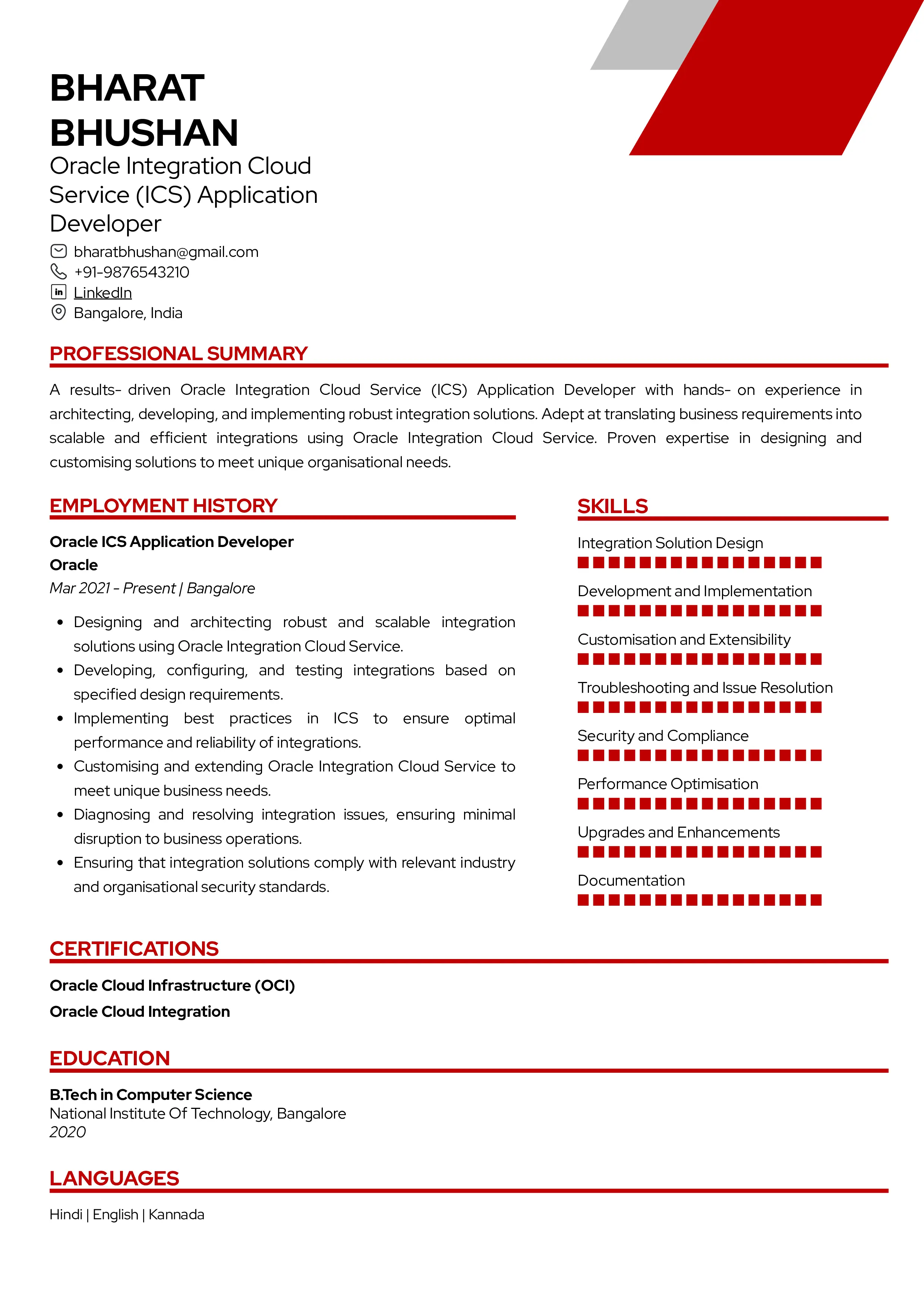 Sample Resume of Oracle Integration Cloud Service (ICS) Application Developer | Free Resume Templates & Samples on Resumod.co