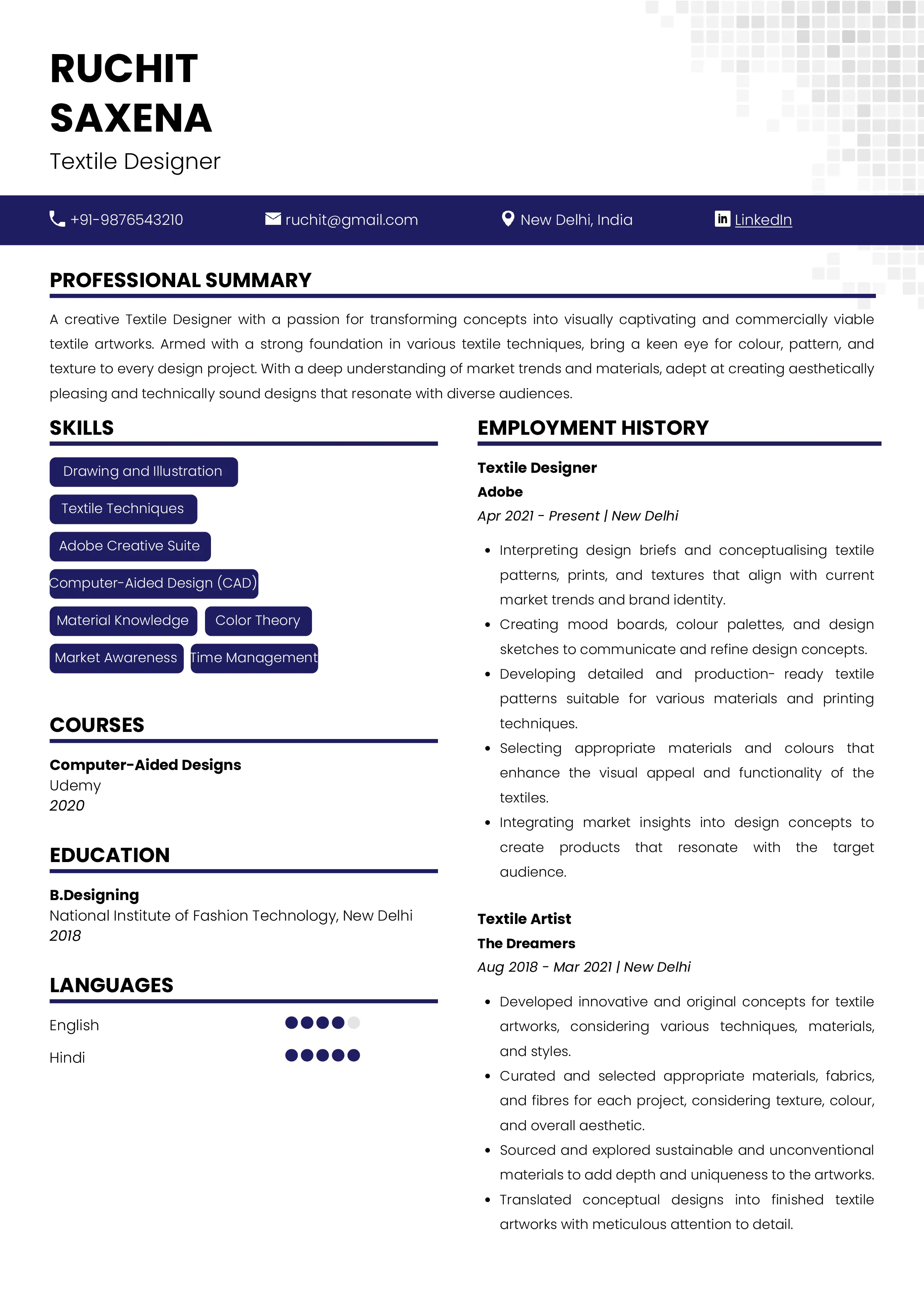 Sample Resume of Textile Designer | Free Resume Templates & Samples on Resumod.co