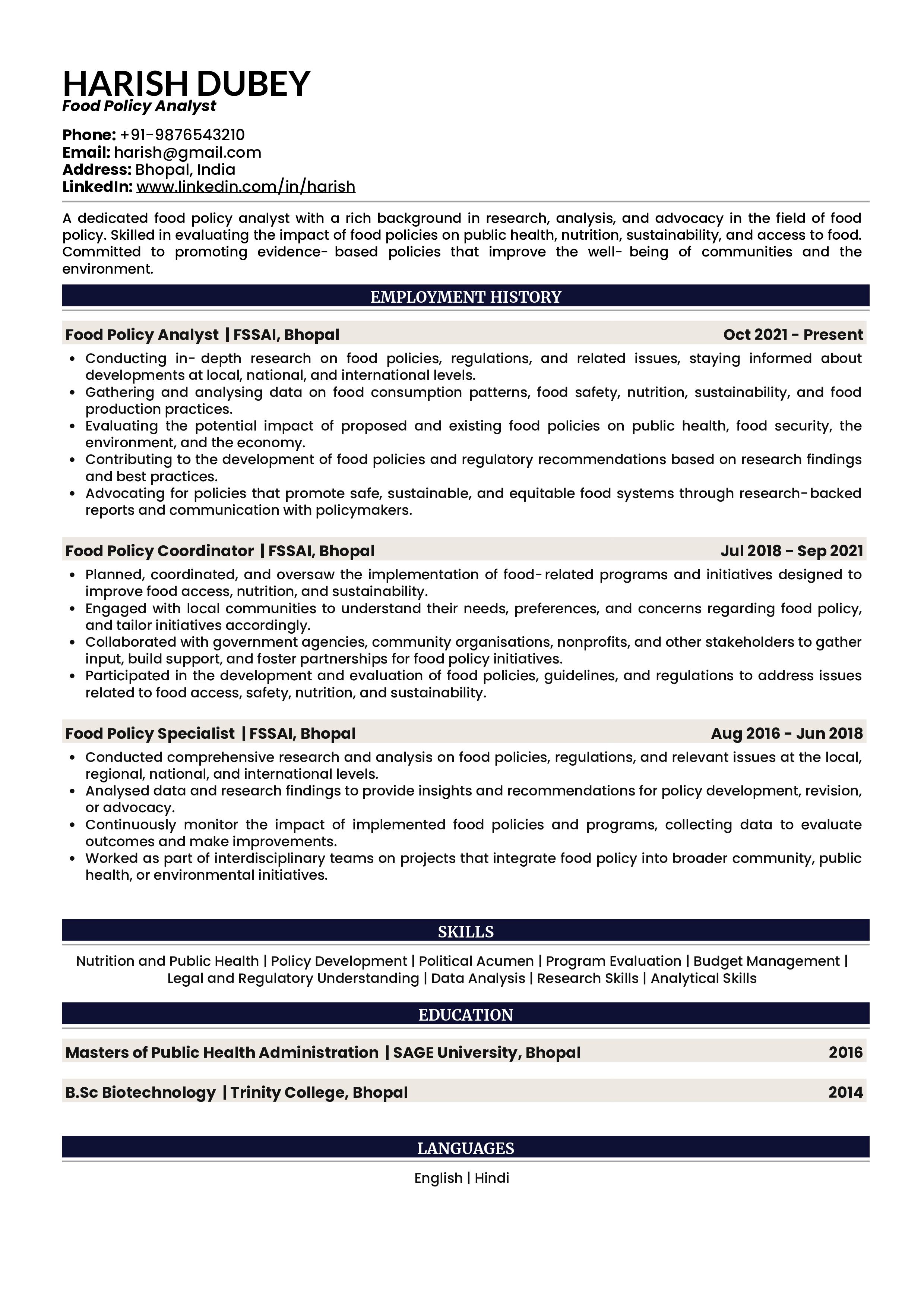 Sample Resume of Food Policy Analyst | Free Resume Templates & Samples on Resumod.co