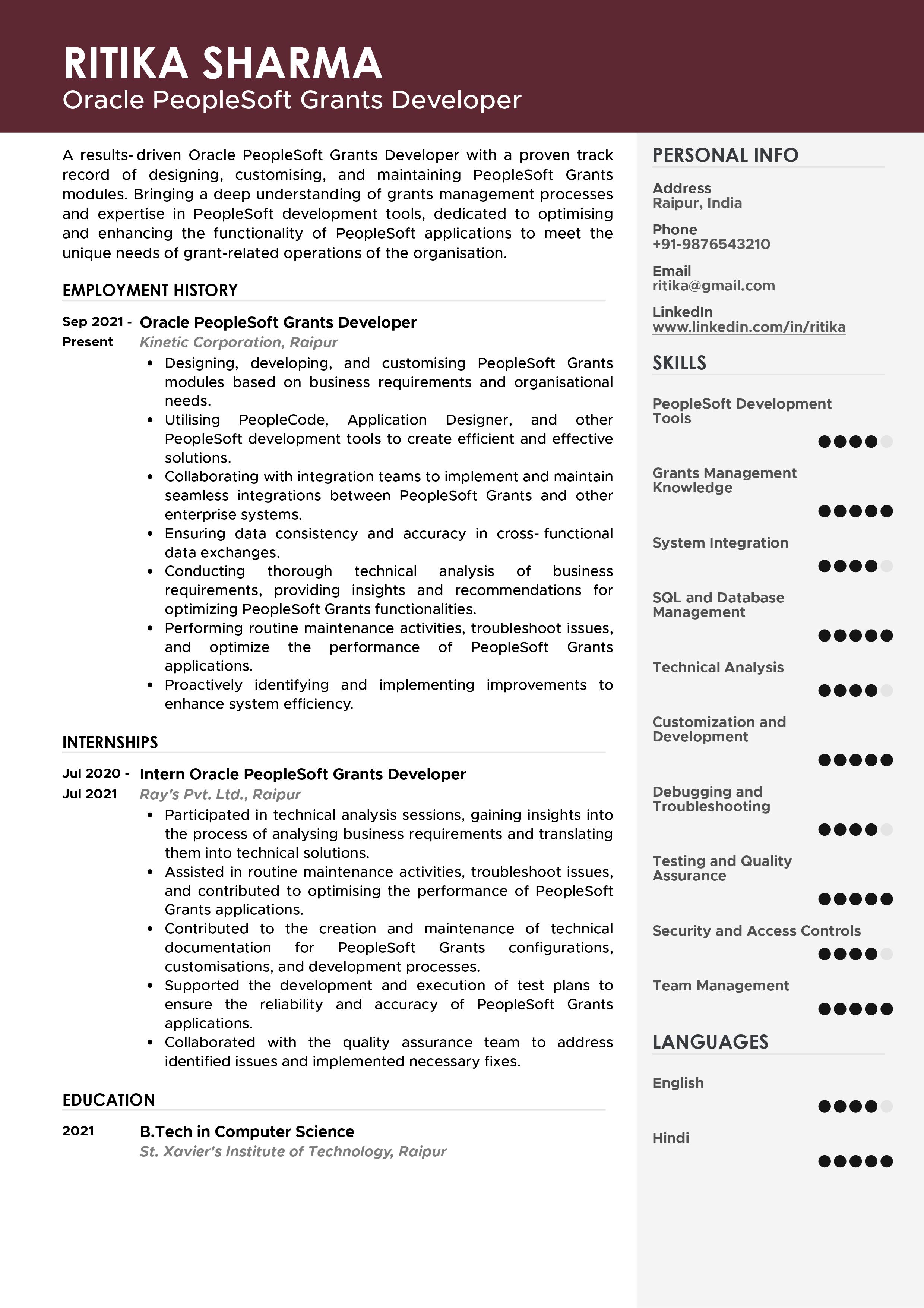 Sample Resume of Oracle PeopleSoft Grants Developer | Free Resume Templates & Samples on Resumod.co