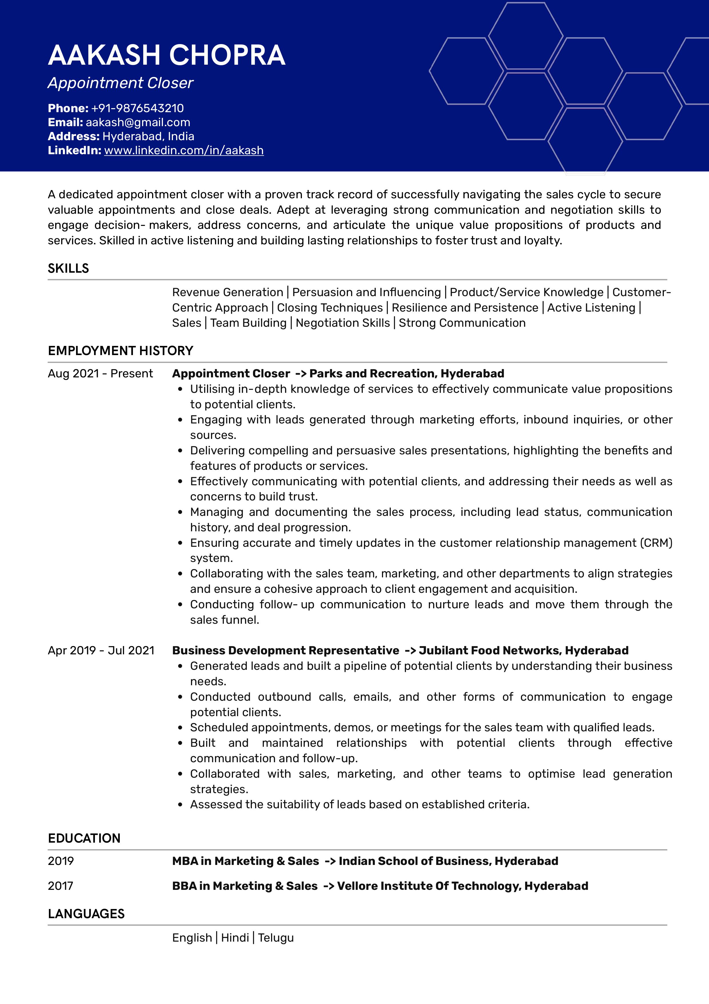 Sample Resume of Appointment Closer | Free Resume Templates & Samples on Resumod.co