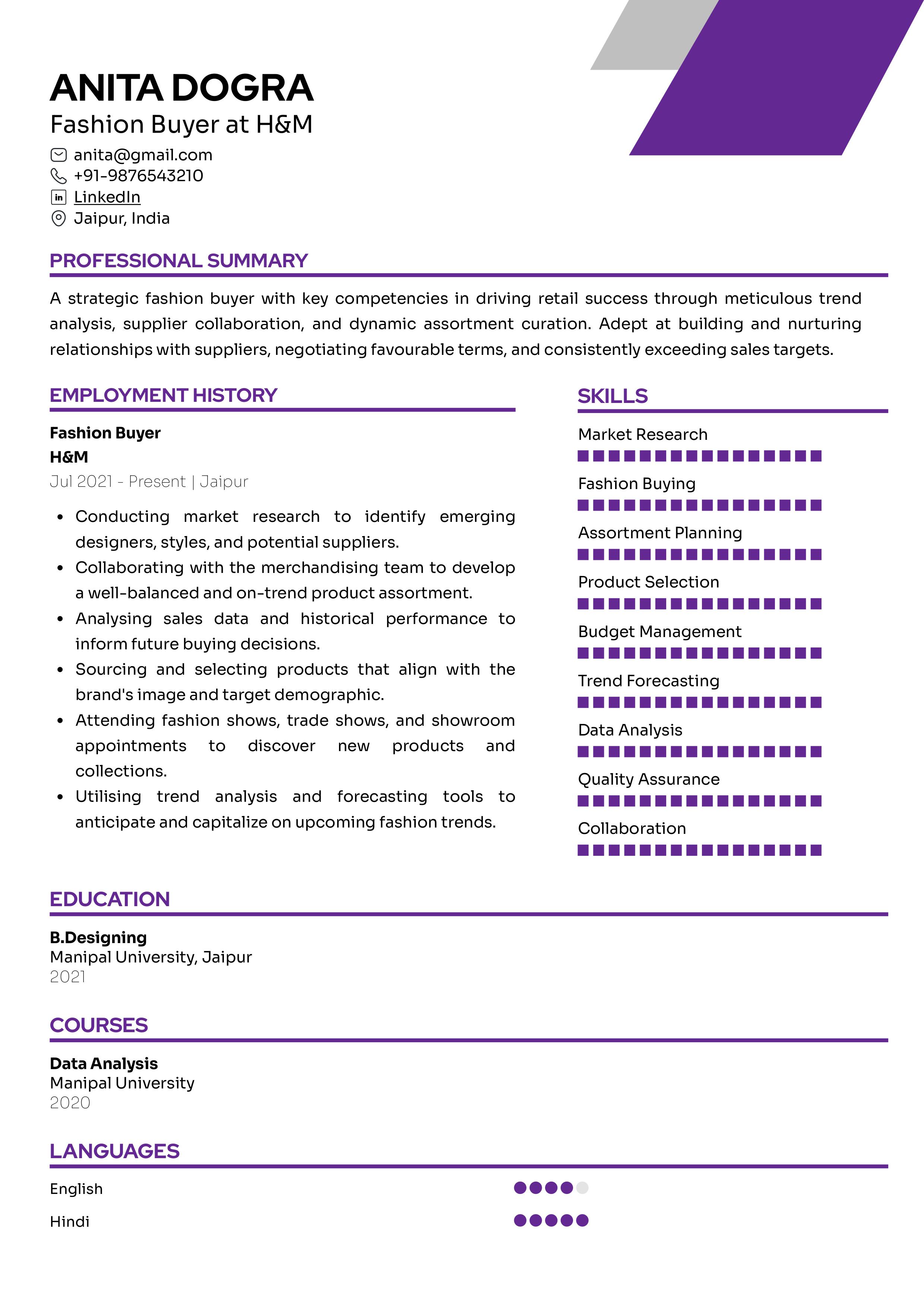 Sample Resume of Fashion Buyer | Free Resume Templates & Samples on Resumod.co