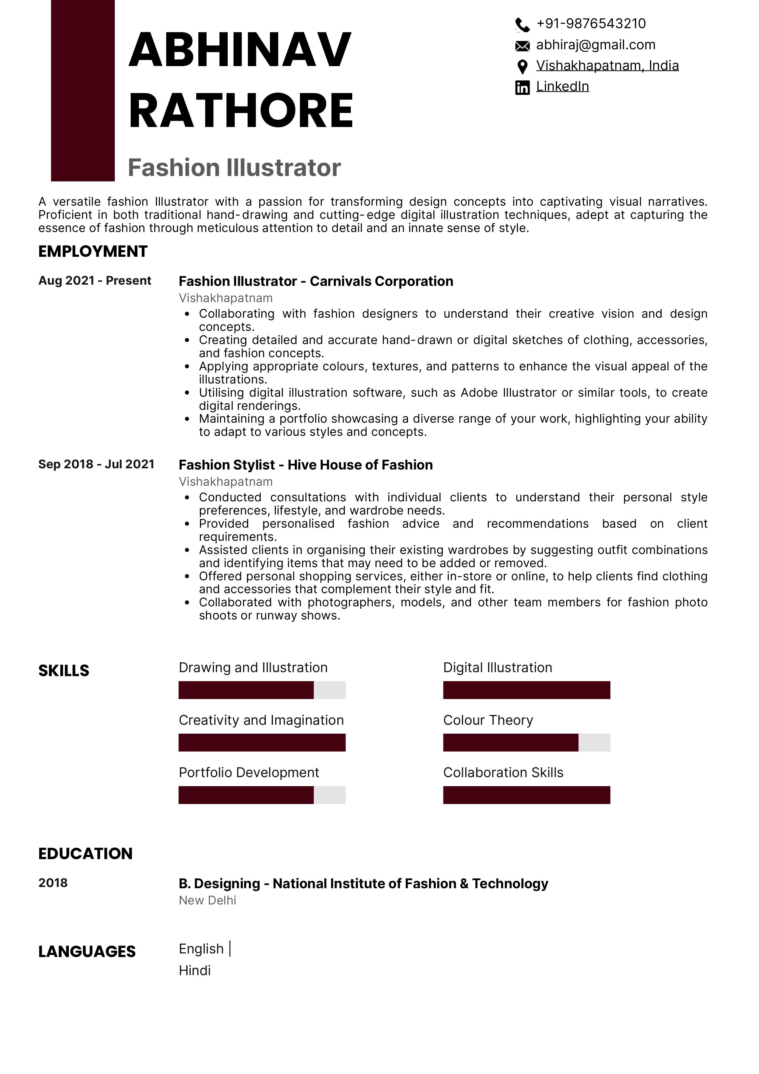 Sample Resume of Fashion Illustrator | Free Resume Templates & Samples on Resumod.co