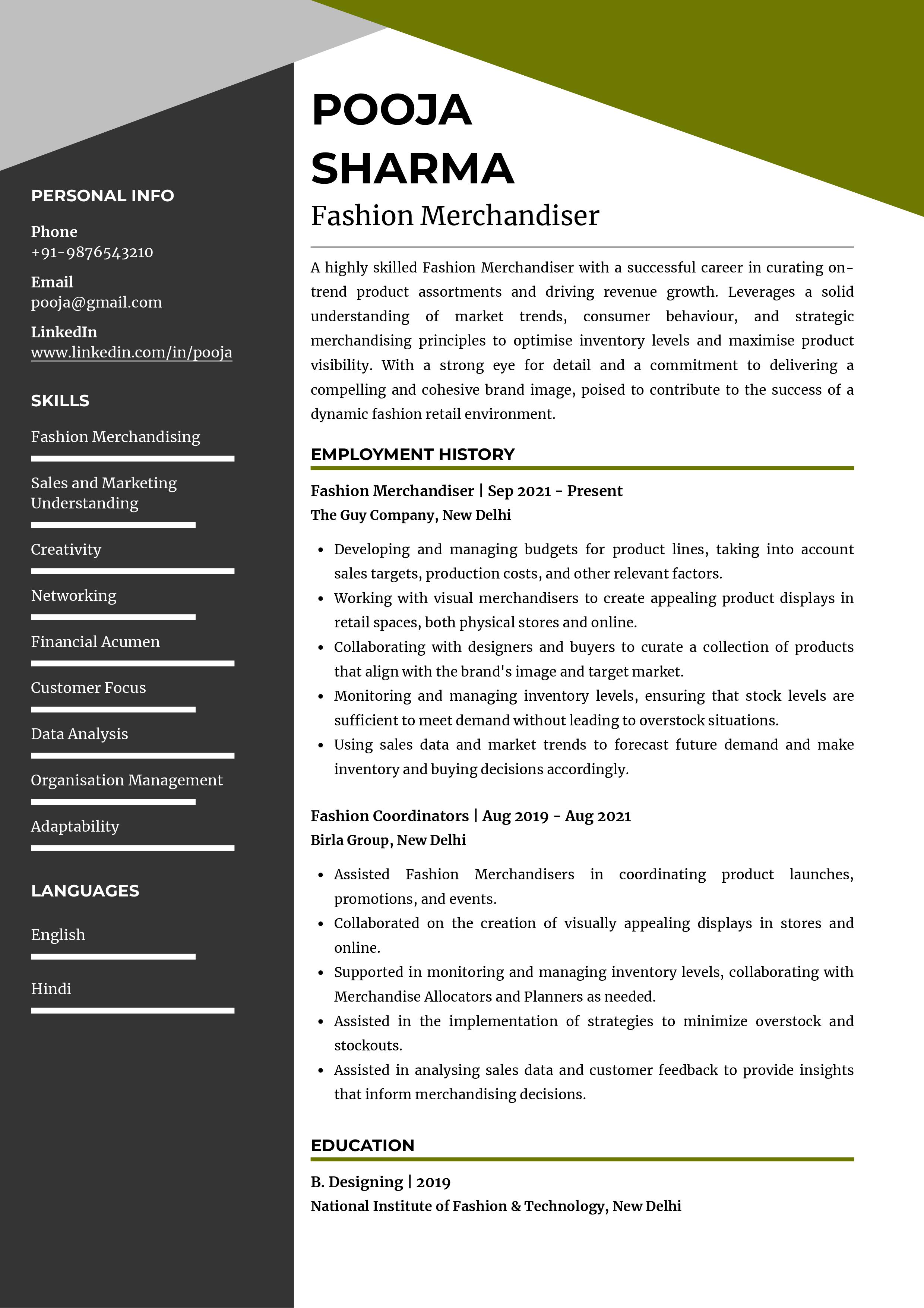 Sample Resume of Fashion Merchandiser | Free Resume Templates & Samples on Resumod.co