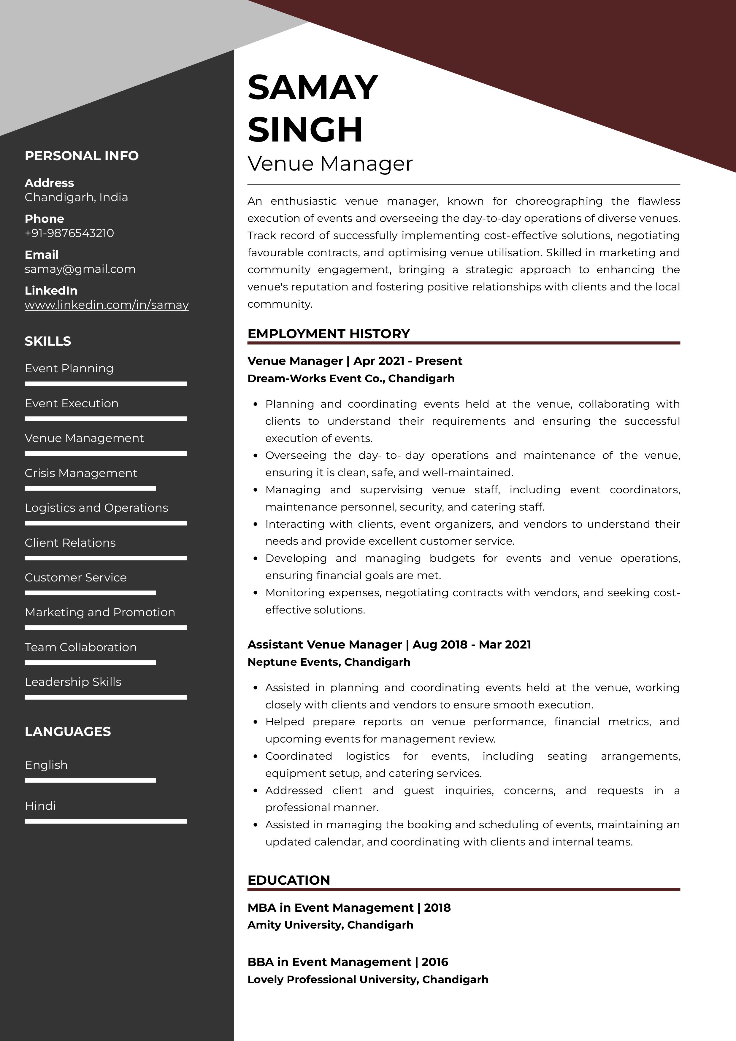 Sample Resume of Venue Manager | Free Resume Templates & Samples on Resumod.co