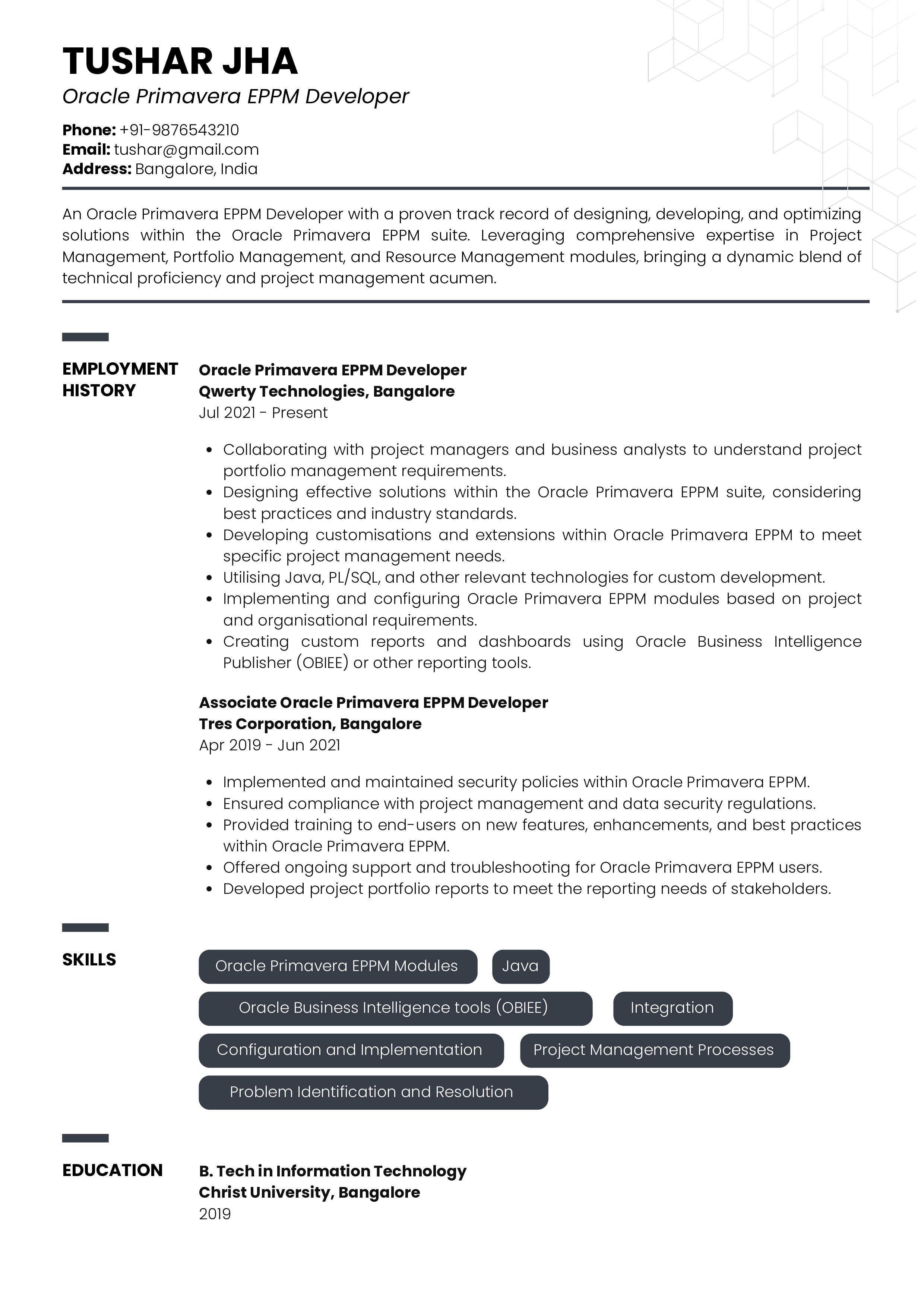 Sample Resume of Oracle Primavera EPPM Developer | Free Resume Templates & Samples on Resumod.co