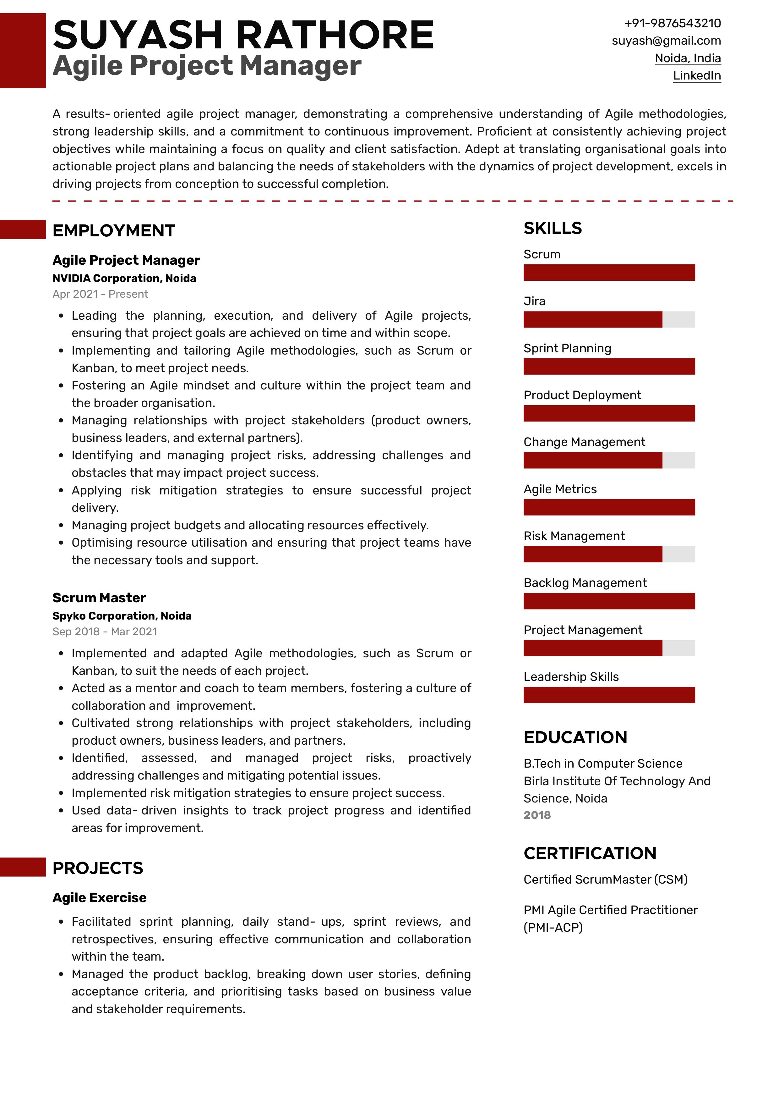 Sample Resume of  Agile Project Manager | Free Resume Templates & Samples on Resumod.co