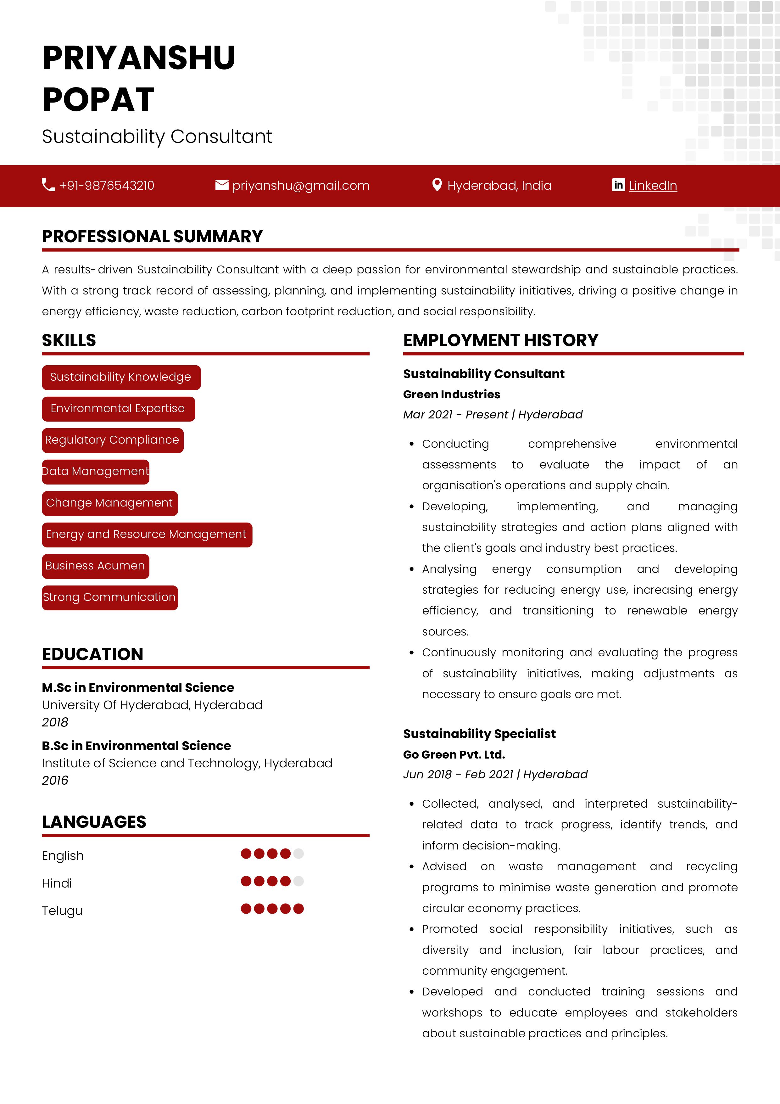 Sample Resume of Sustainability Consultant | Free Resume Templates & Samples on Resumod.co