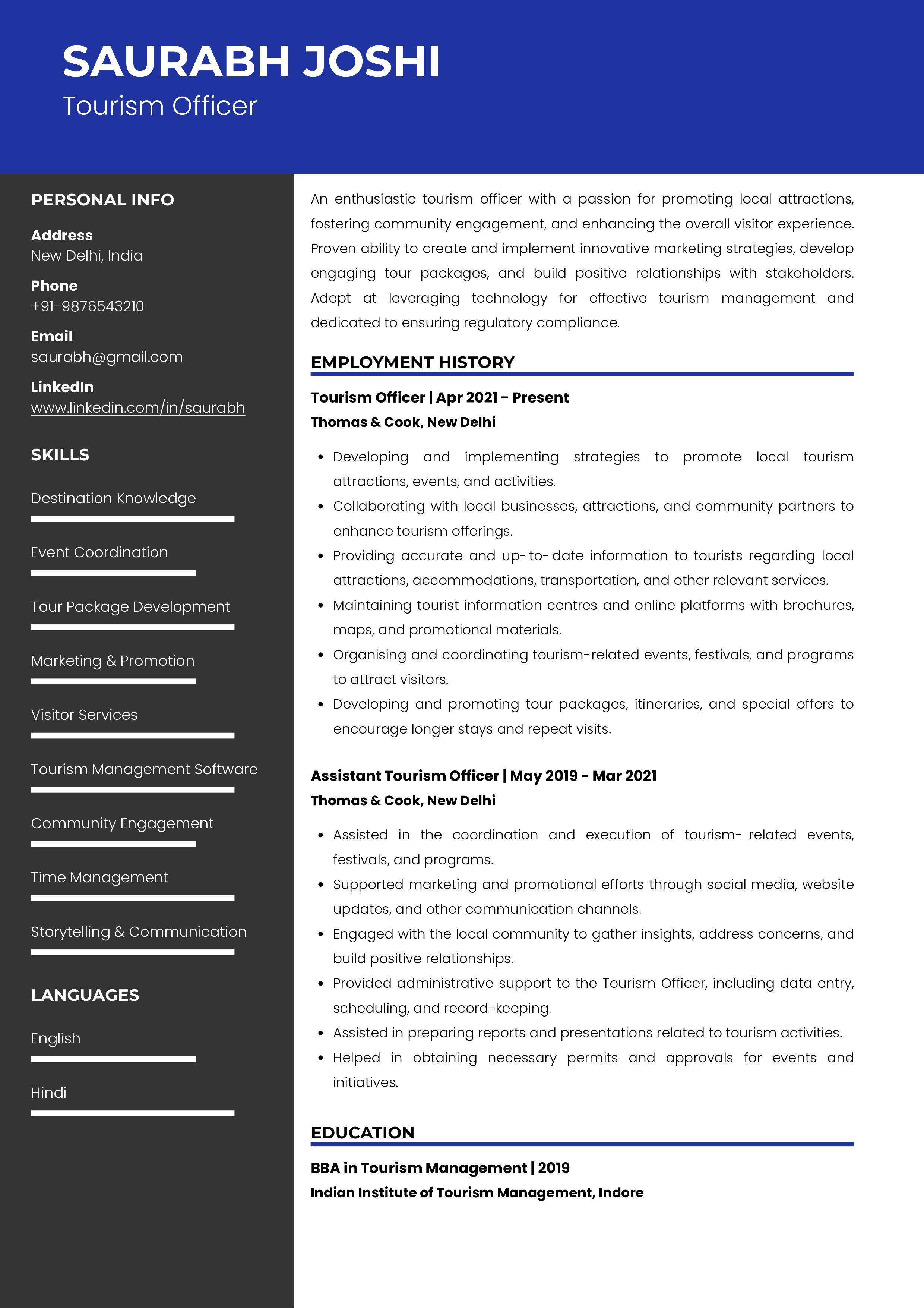 Sample Resume of Tourism Officer | Free Resume Templates & Samples on Resumod.co