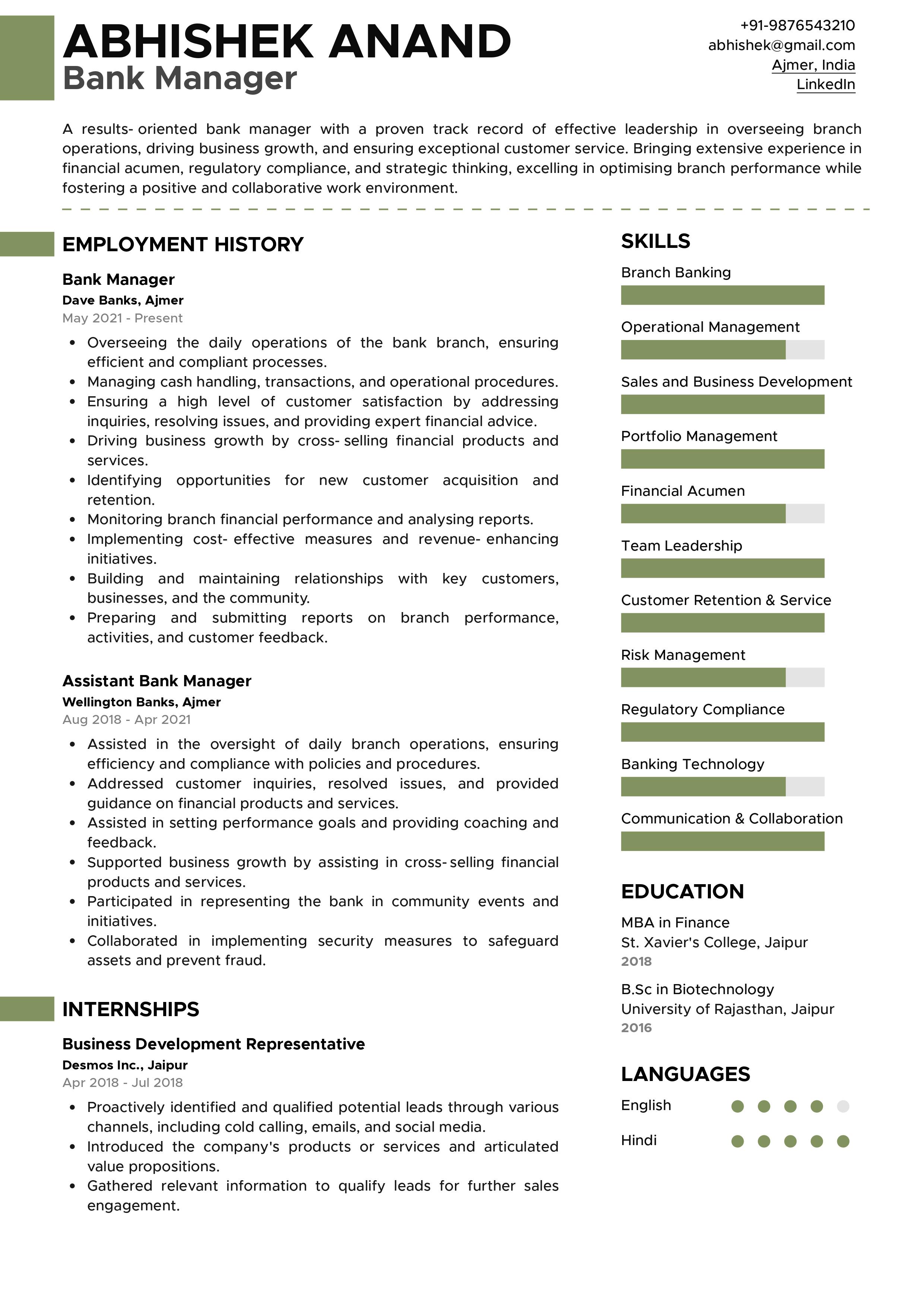 Sample Resume of Bank Manager | Free Resume Templates & Samples on Resumod.co