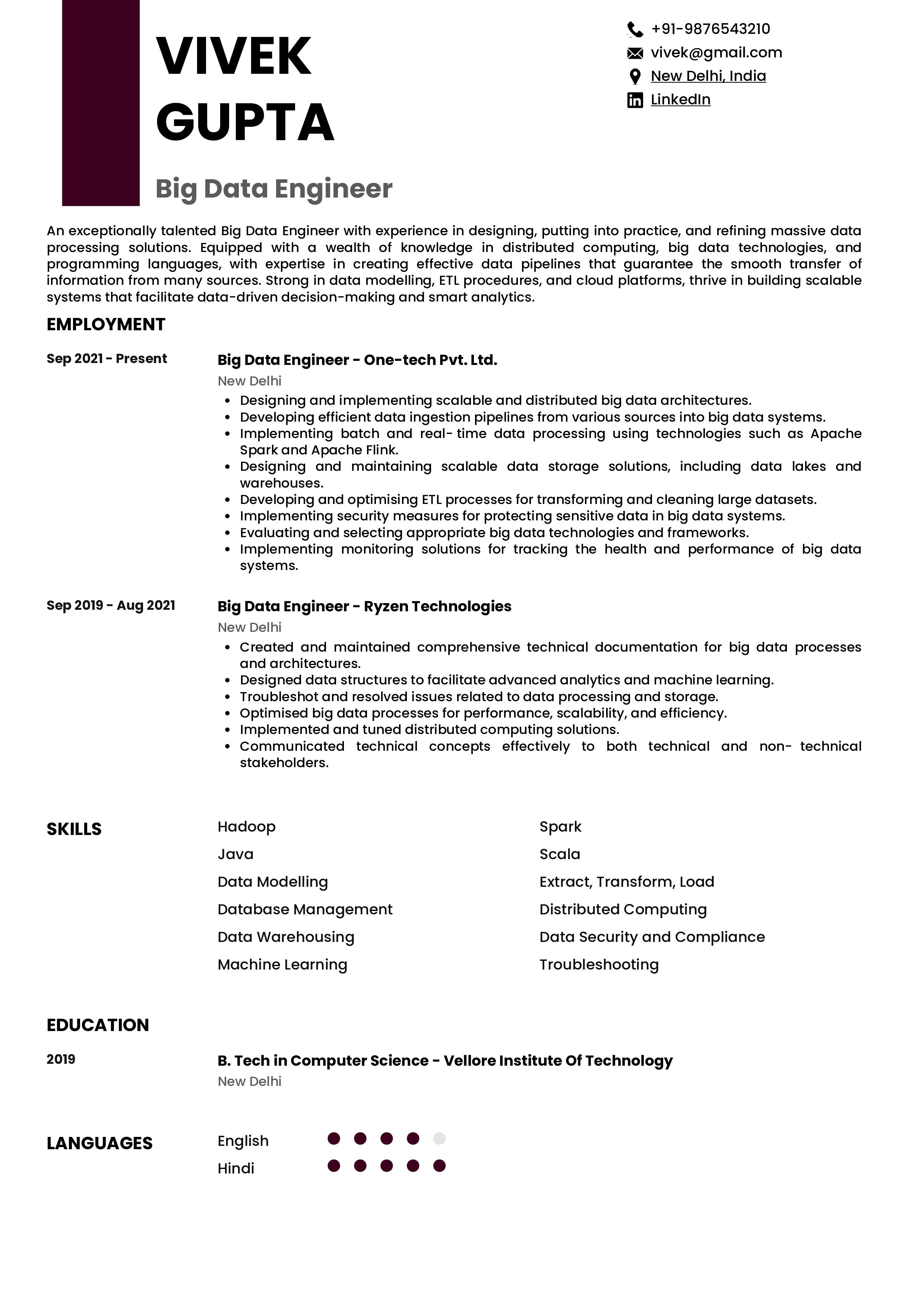 Sample Resume of Big Data Engineer | Free Resume Templates & Samples on Resumod.co