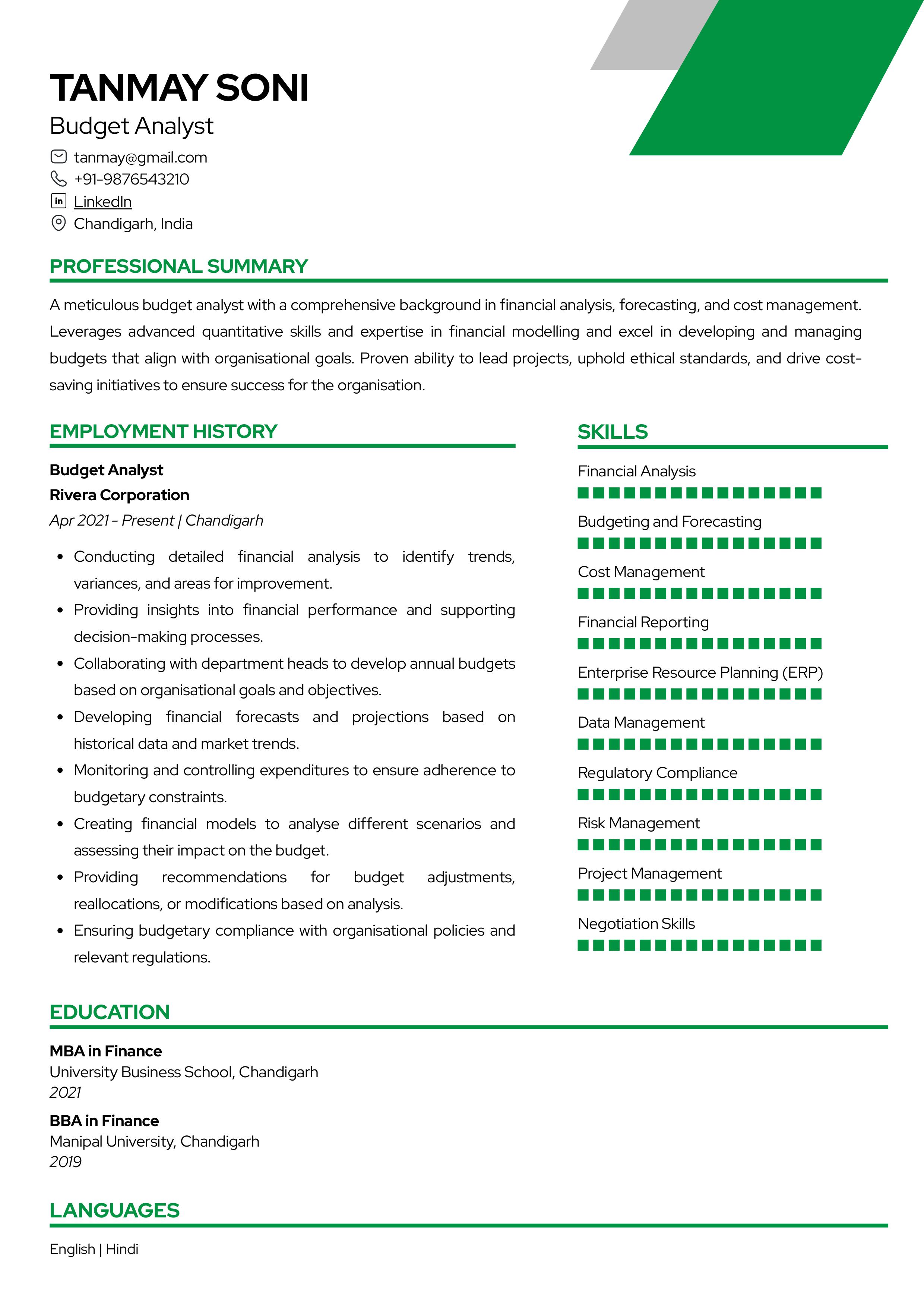 Sample Resume of Budget Analyst | Free Resume Templates & Samples on Resumod.co