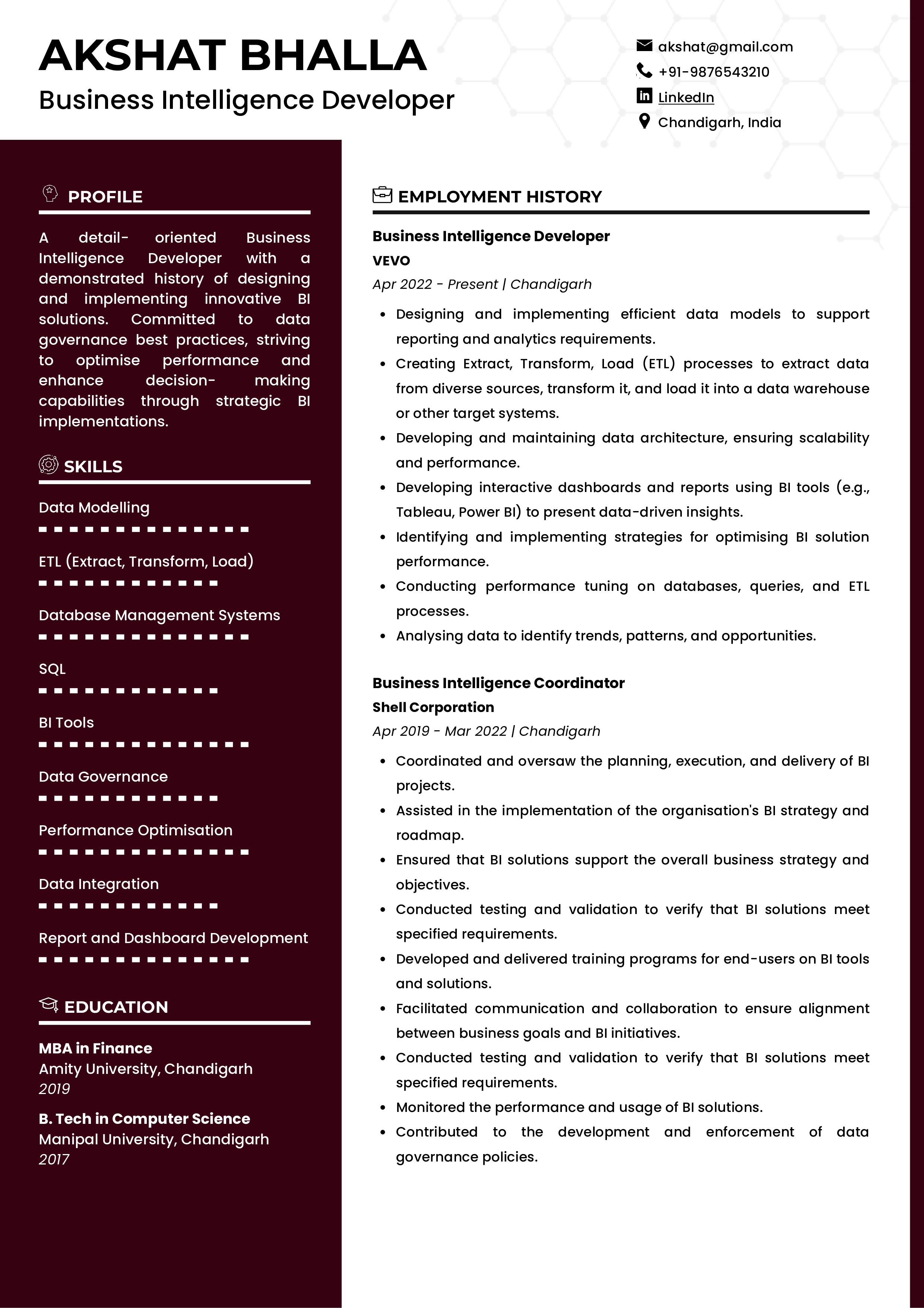Sample Resume of Business Intelligence Developer | Free Resume Templates & Samples on Resumod.co