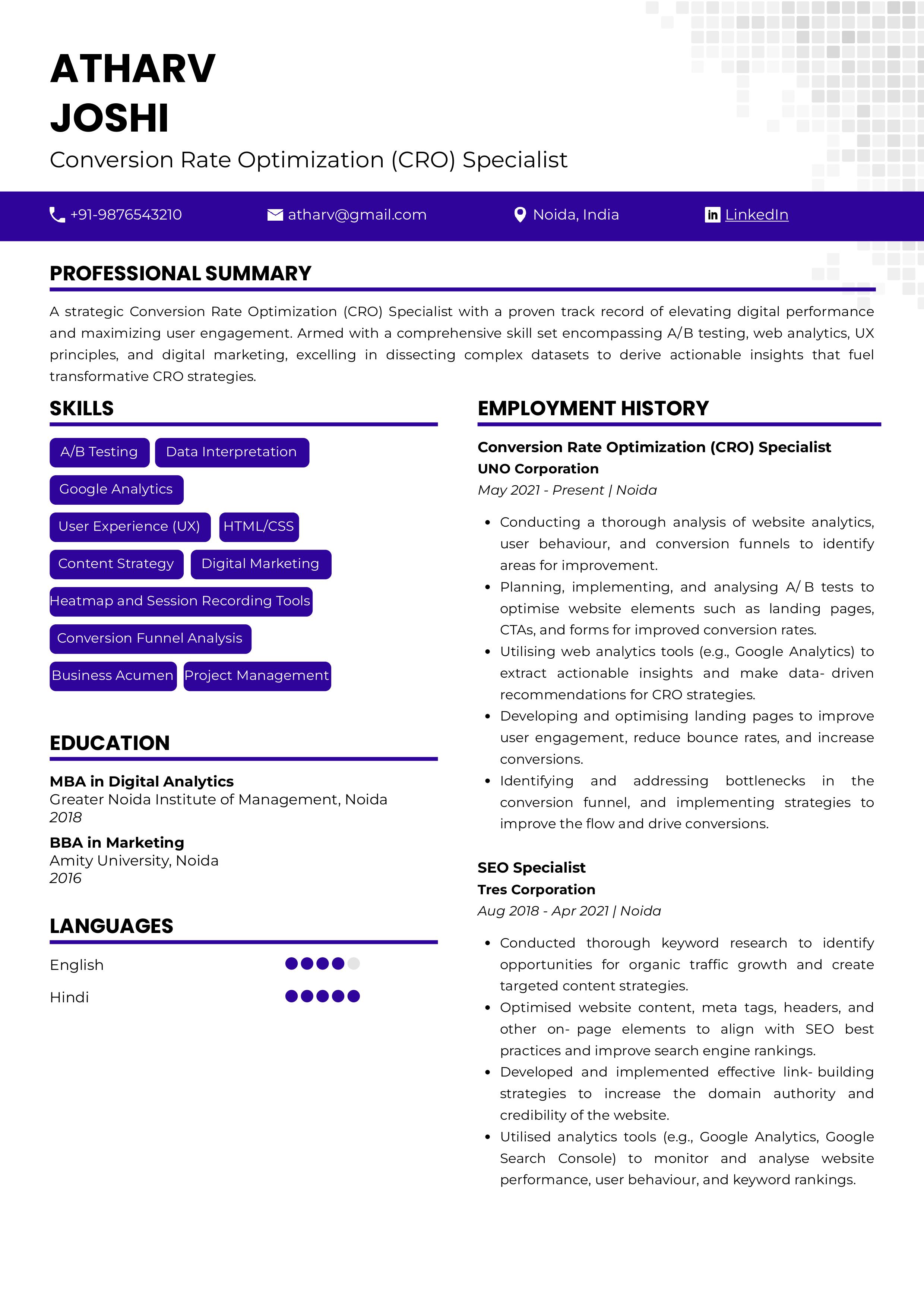 Sample Resume of Conversion Rate Optimization (CRO) Specialist | Free Resume Templates & Samples on Resumod.co