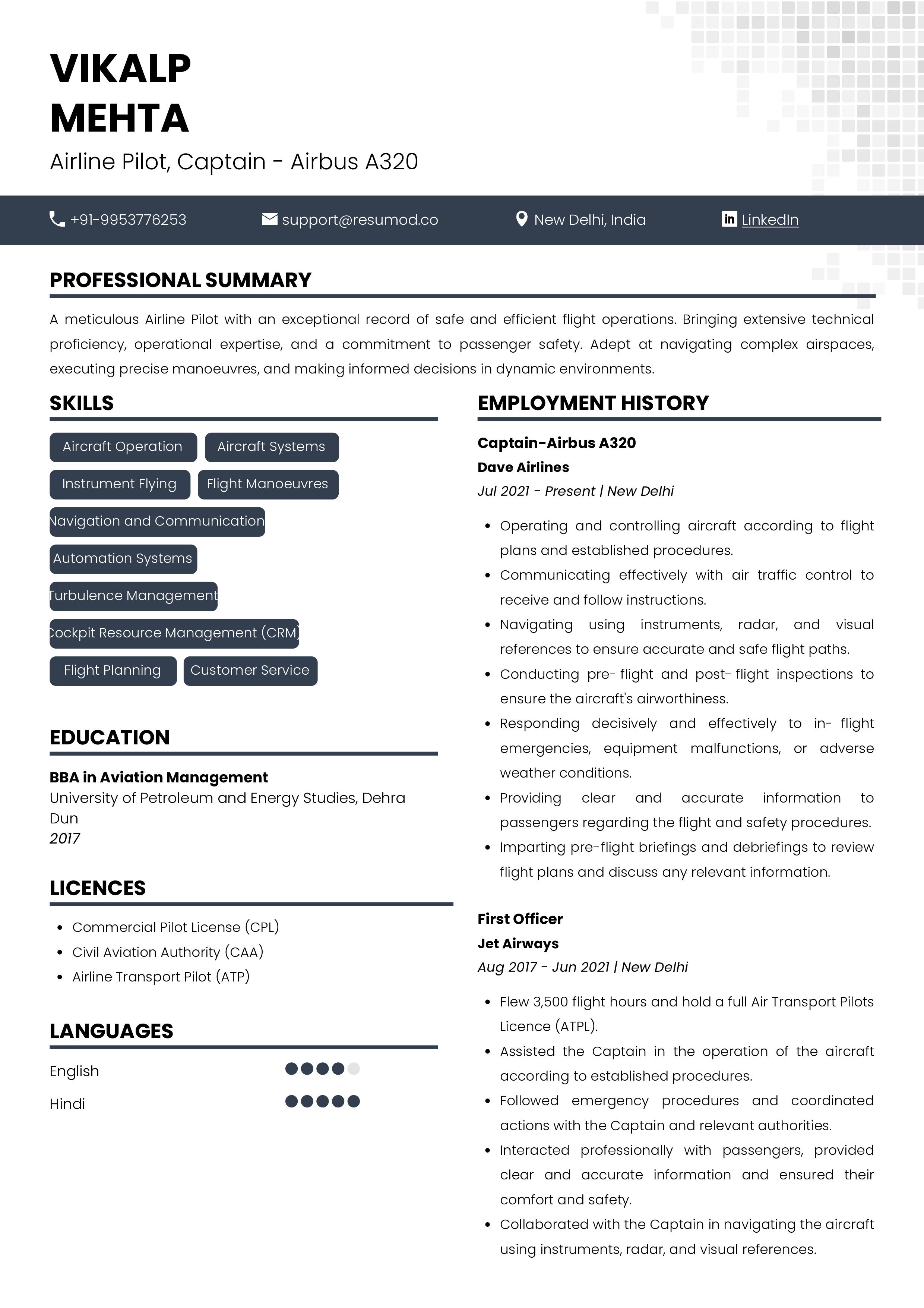 Sample Resume of Airline Pilot | Free Resume Templates & Samples on Resumod.co