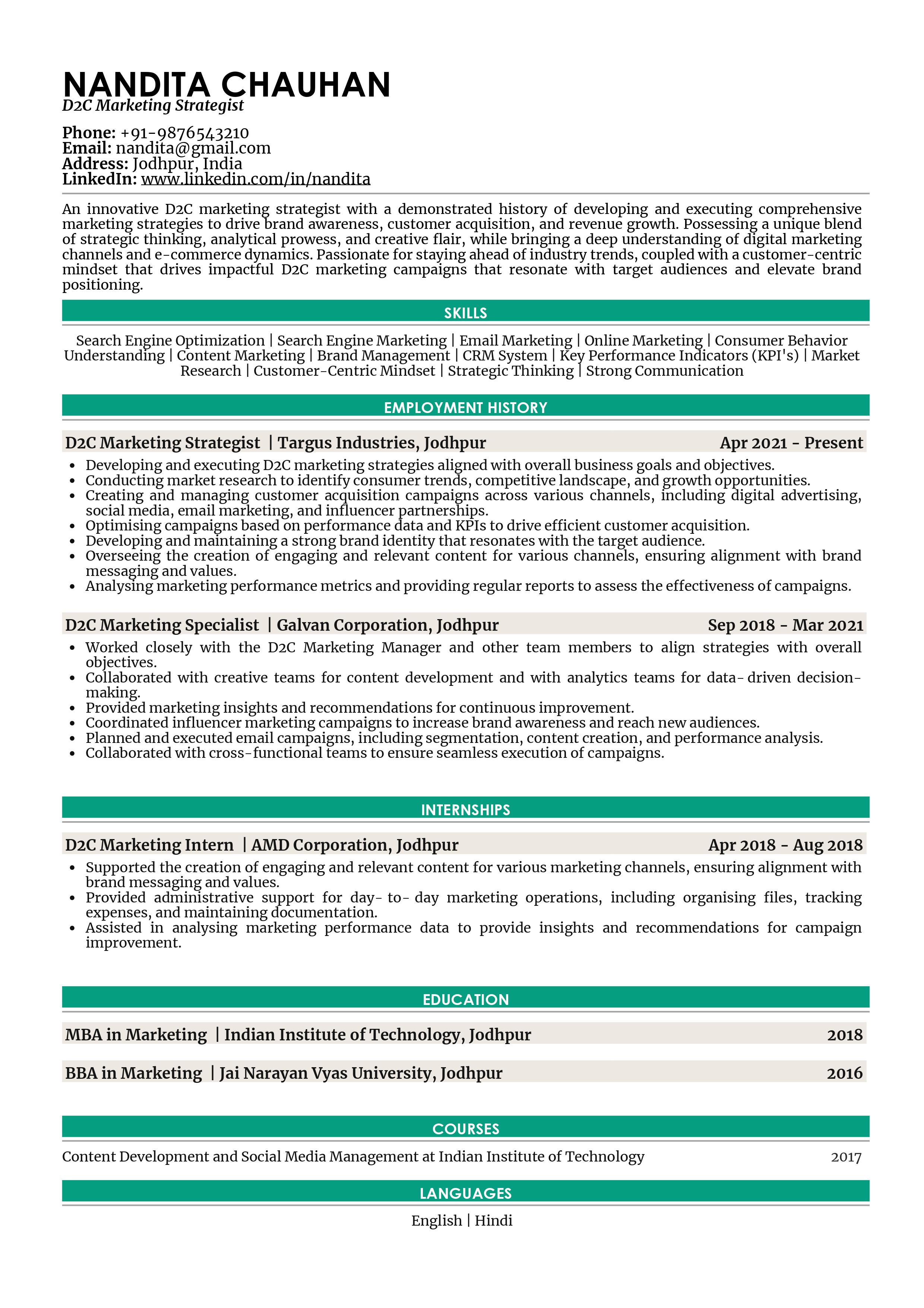 Sample Resume of D2C Marketing Strategist | Free Resume Templates & Samples on Resumod.co