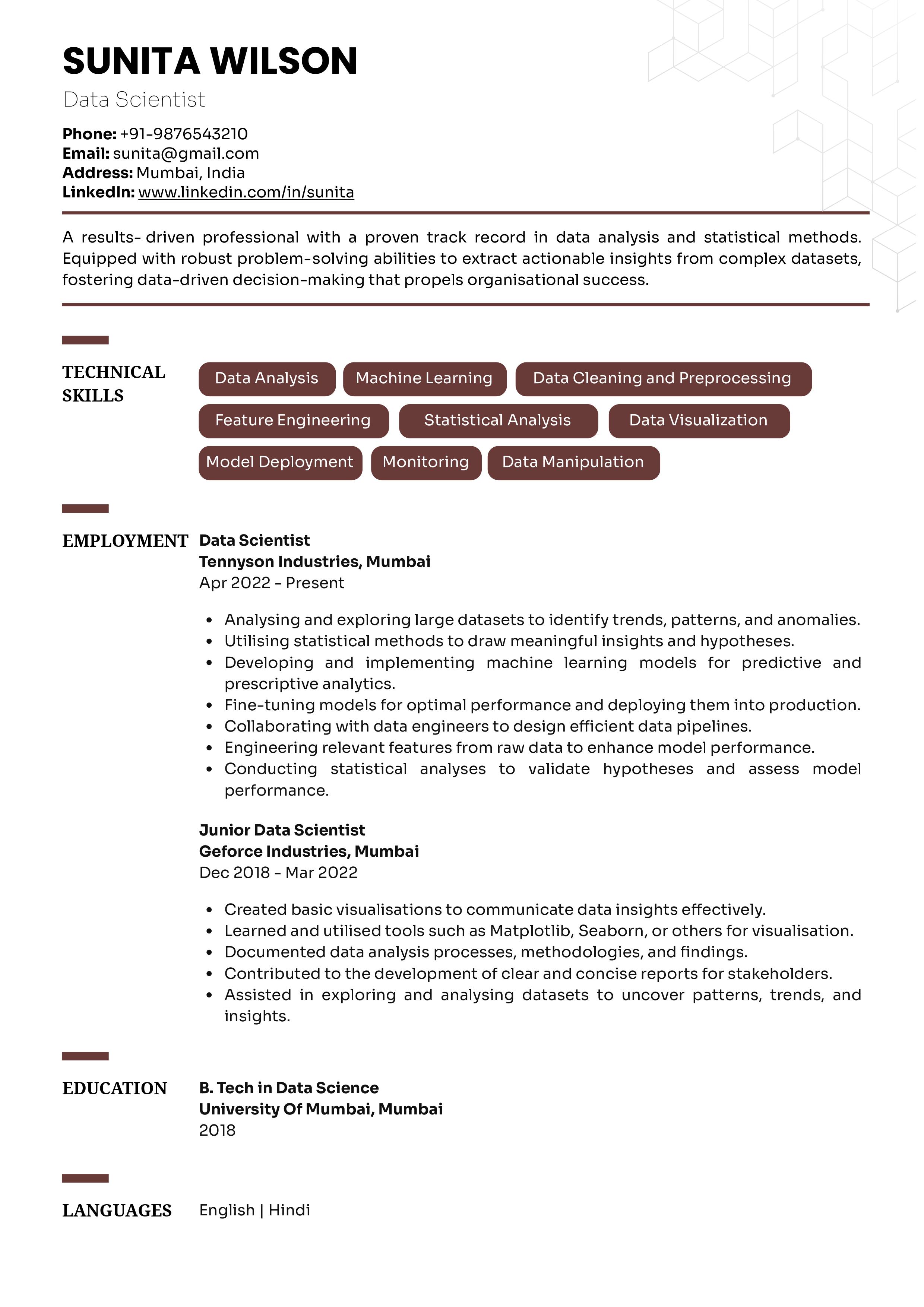 Sample Resume of Data Scientist | Free Resume Templates & Samples on Resumod.co