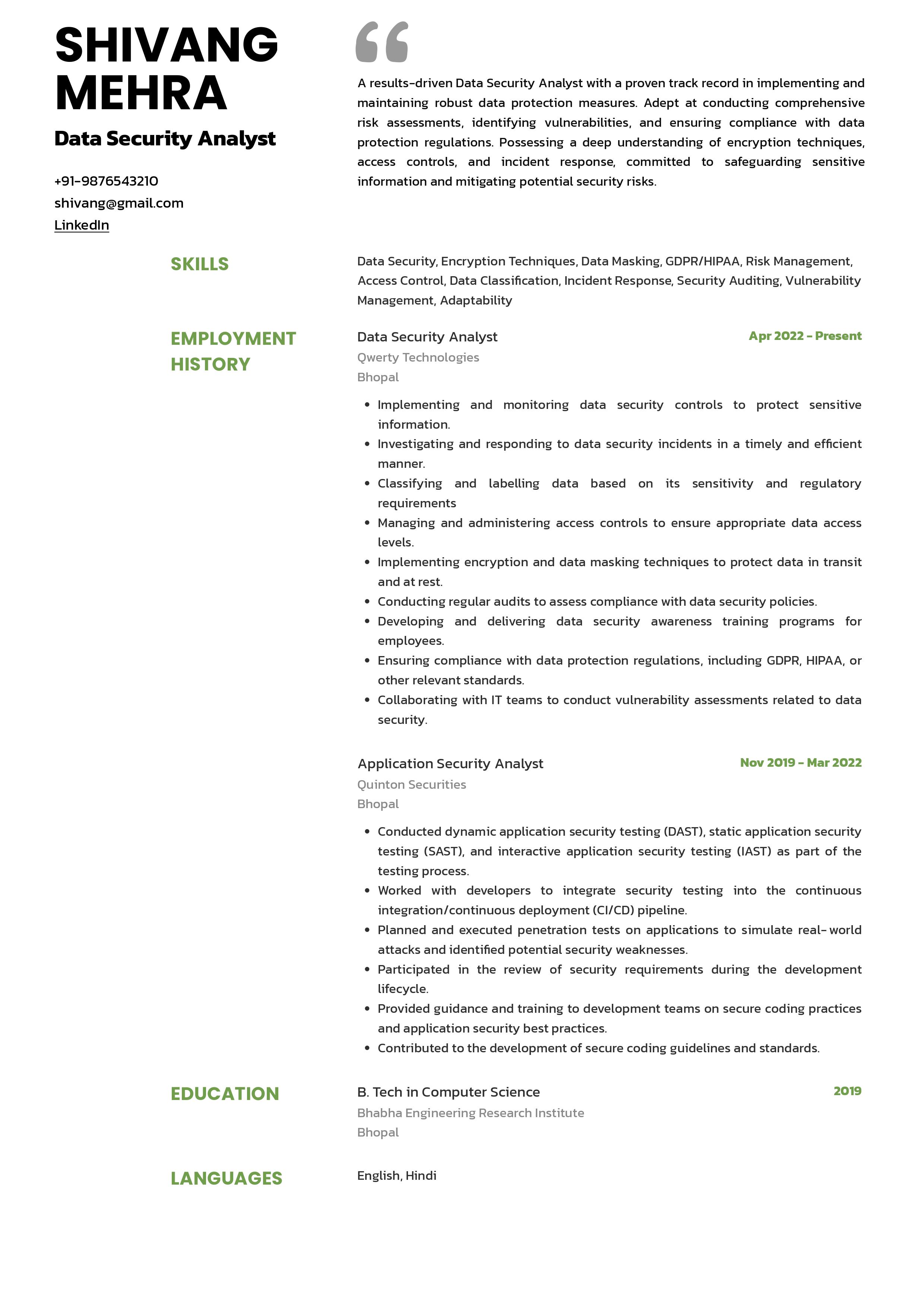 Sample Resume of  Data Security Analyst | Free Resume Templates & Samples on Resumod.co