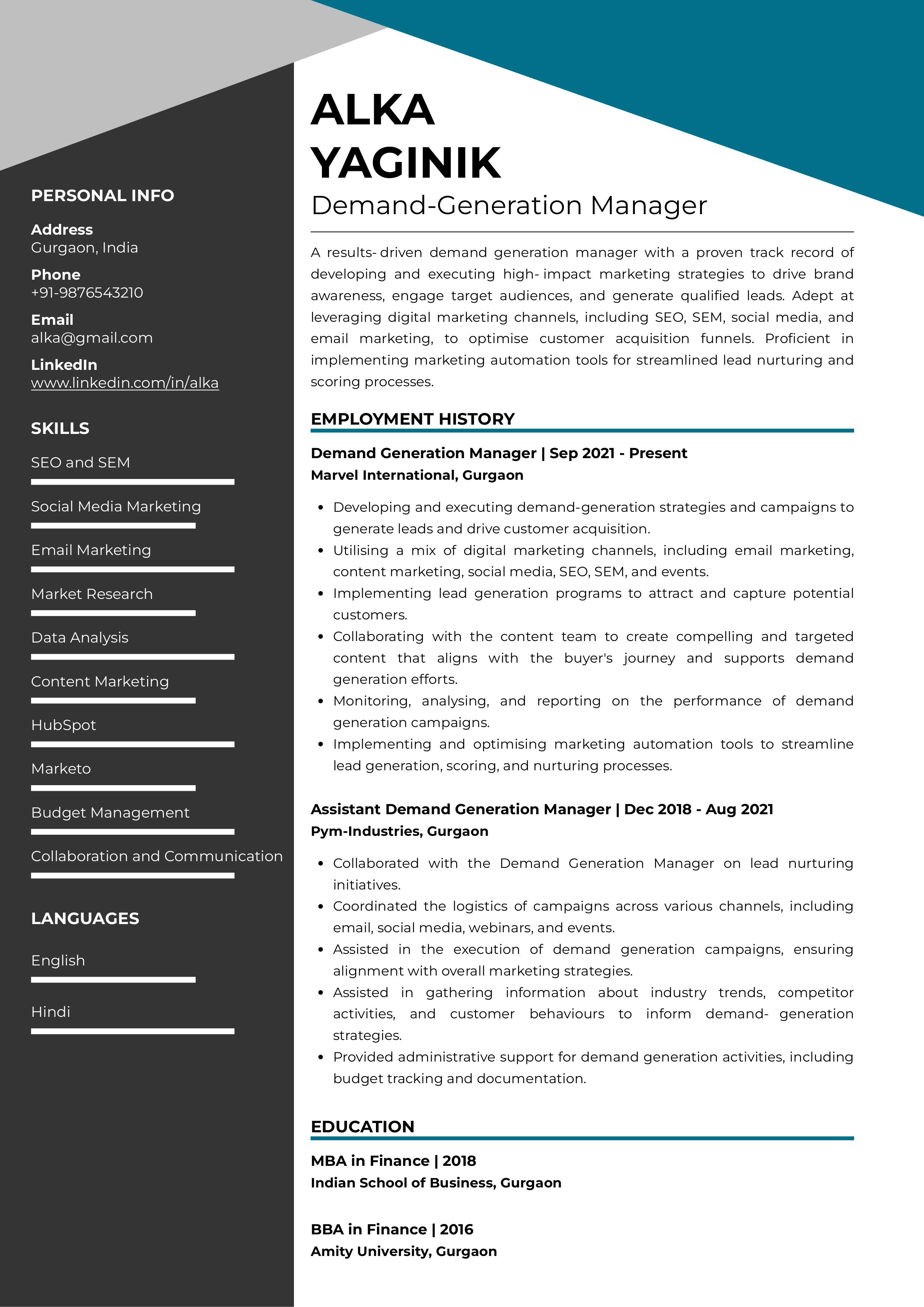 Sample Resume of Demand Generation Manager | Free Resume Templates & Samples on Resumod.co