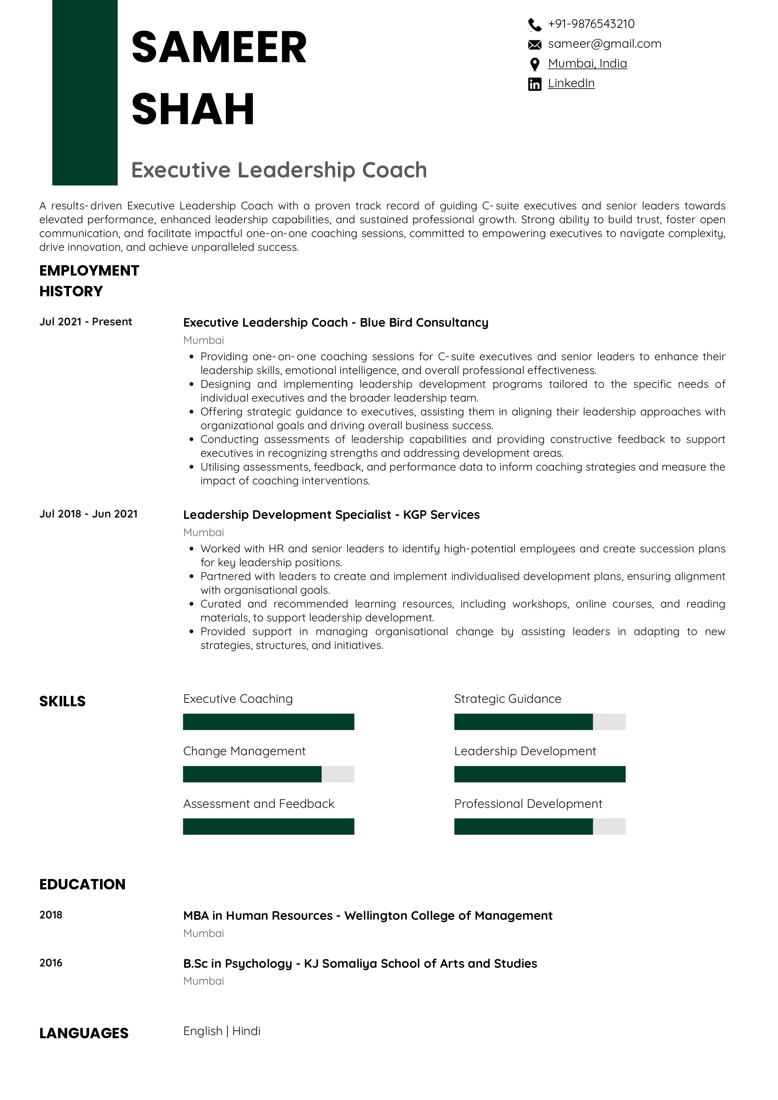 Sample Resume of  Executive Leadership Coach | Free Resume Templates & Samples on Resumod.co