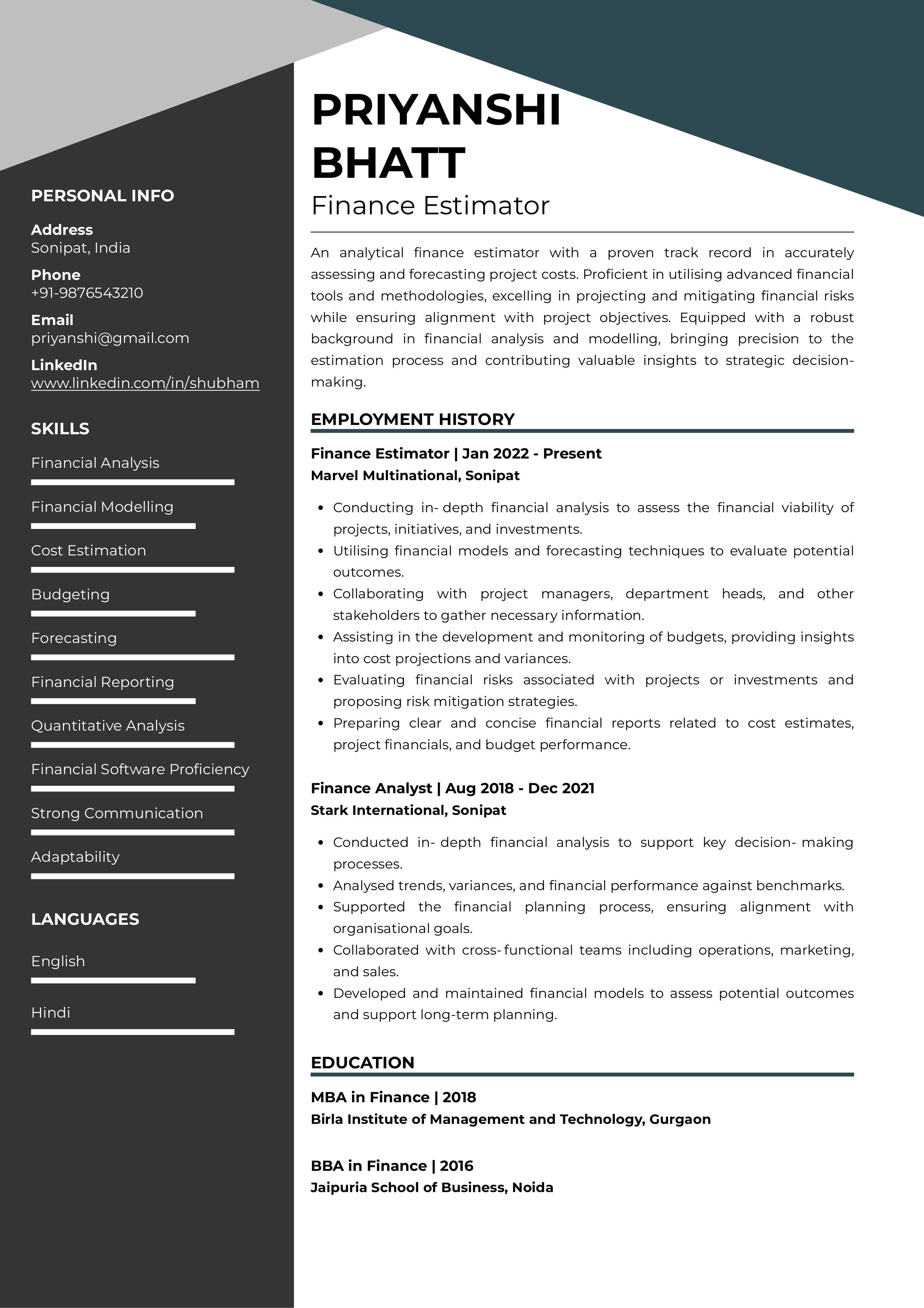 Sample Resume of  Finance Estimator | Free Resume Templates & Samples on Resumod.co