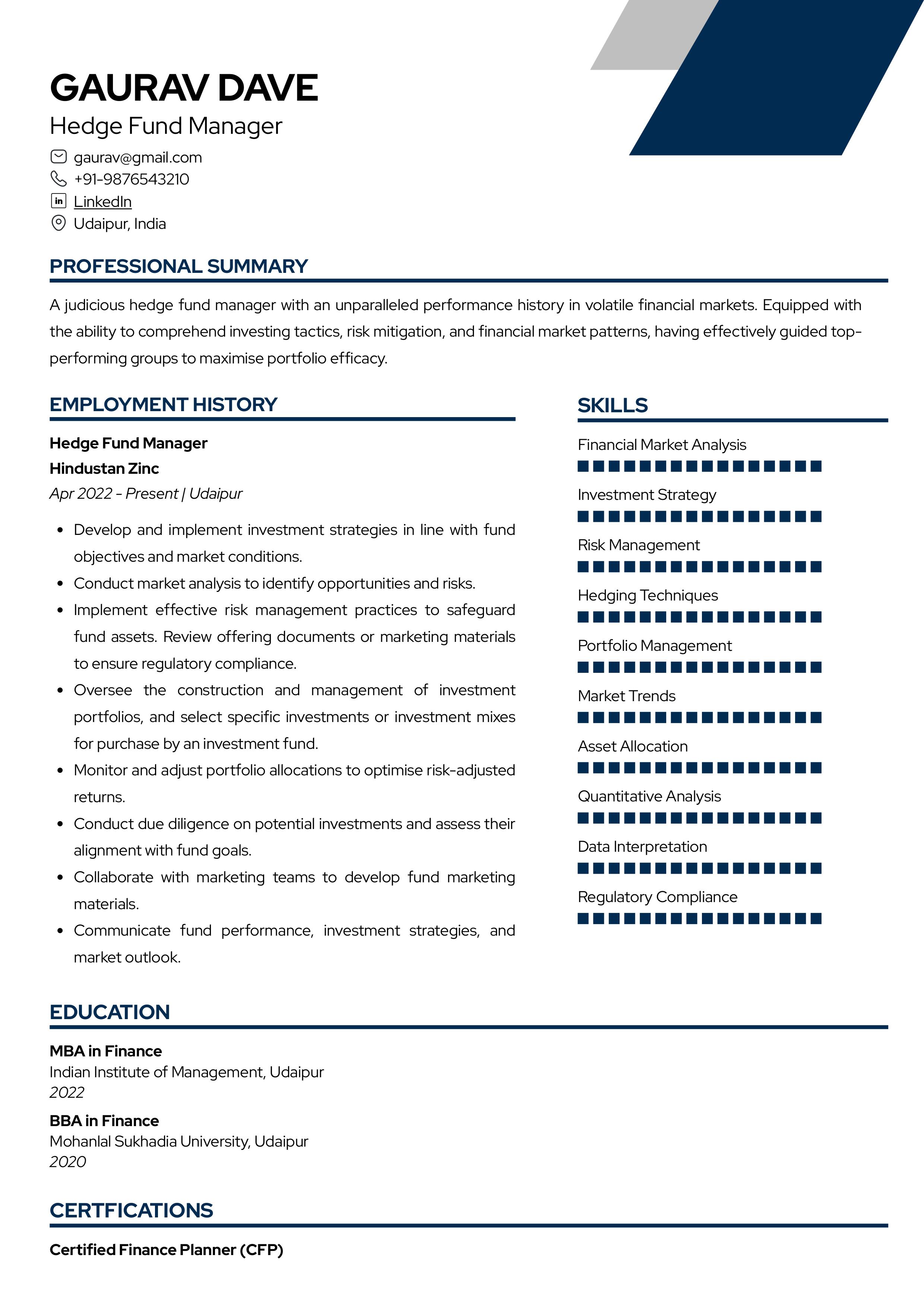 Sample Resume of  Hedge Fund Manager | Free Resume Templates & Samples on Resumod.co