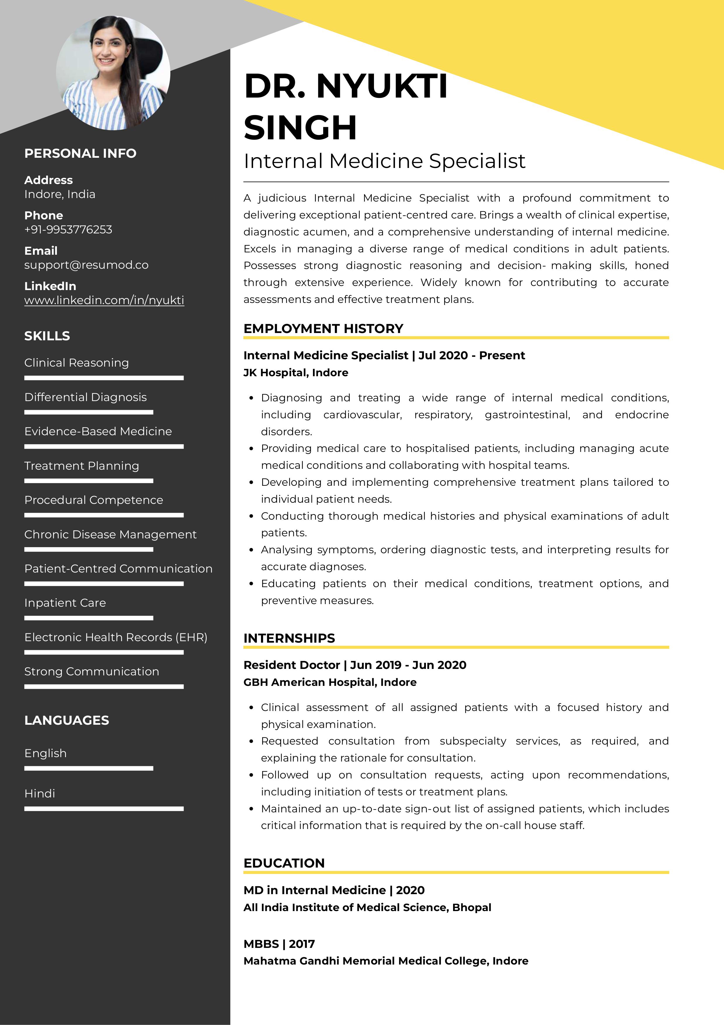 Sample Resume of Internal Medicine Specialist | Free Resume Templates & Samples on Resumod.co