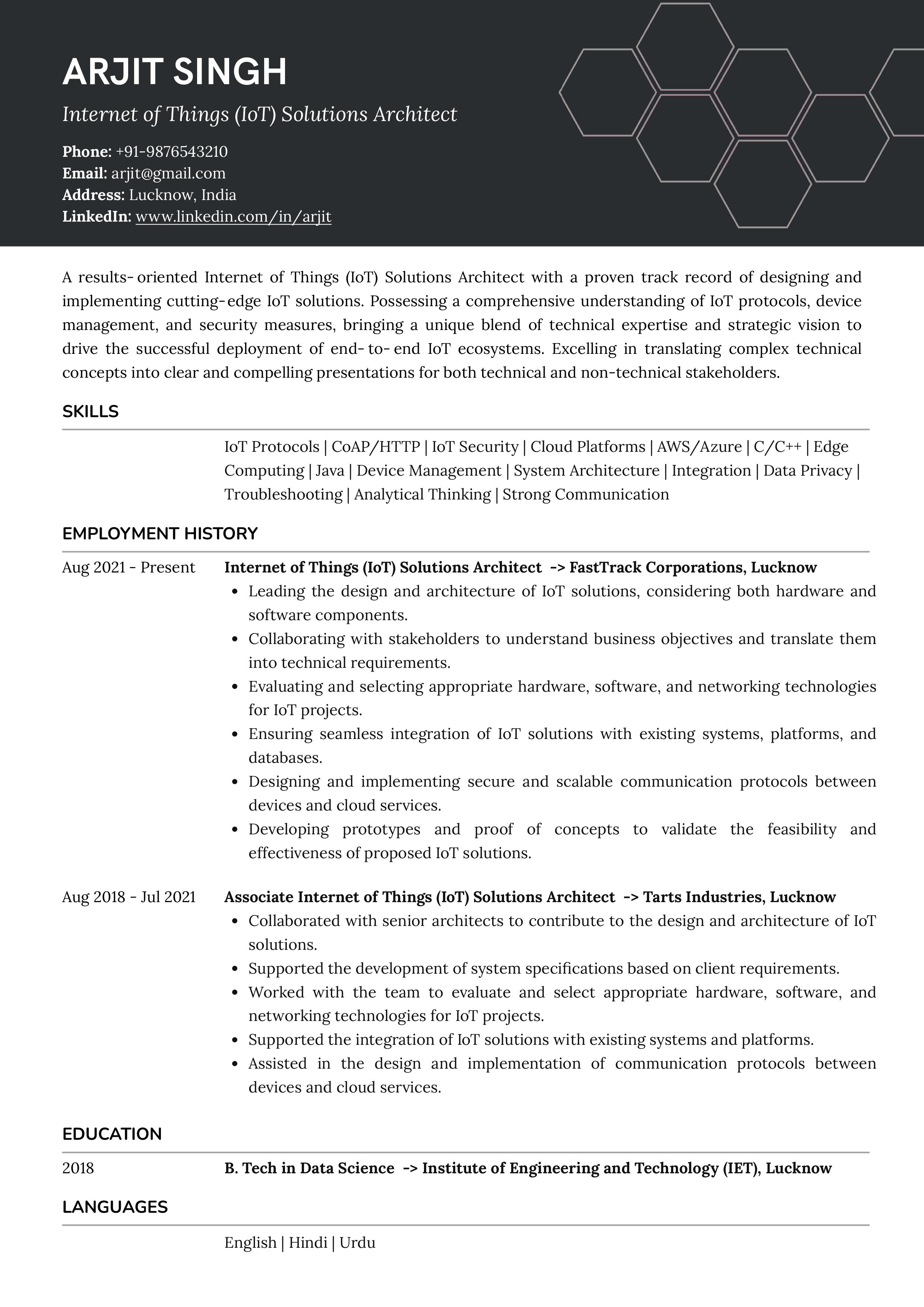 Sample Resume of  Internet Of Things (IoT) Solutions Architect | Free Resume Templates & Samples on Resumod.co