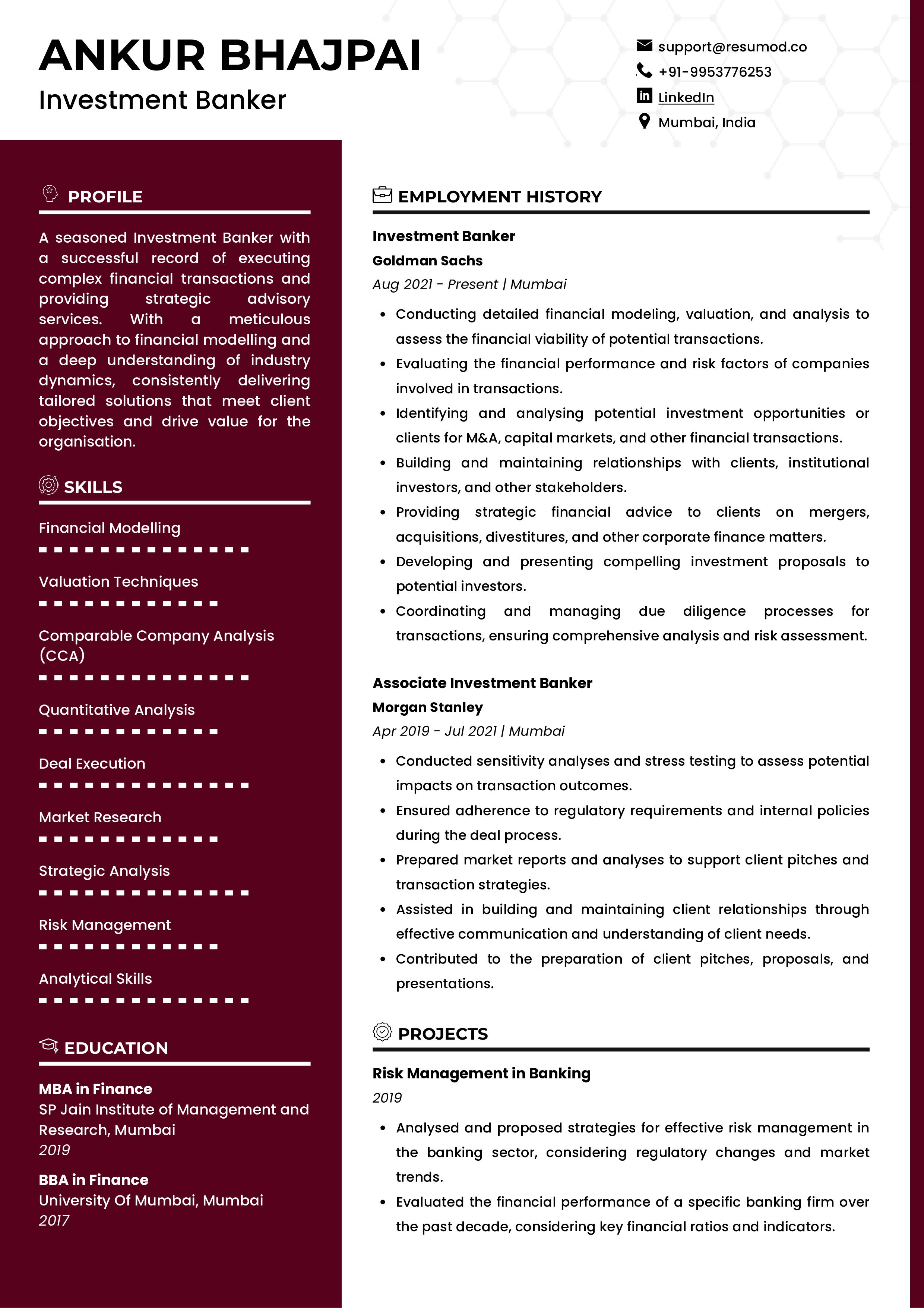 Sample Resume of Investment Banker | Free Resume Templates & Samples on Resumod.co