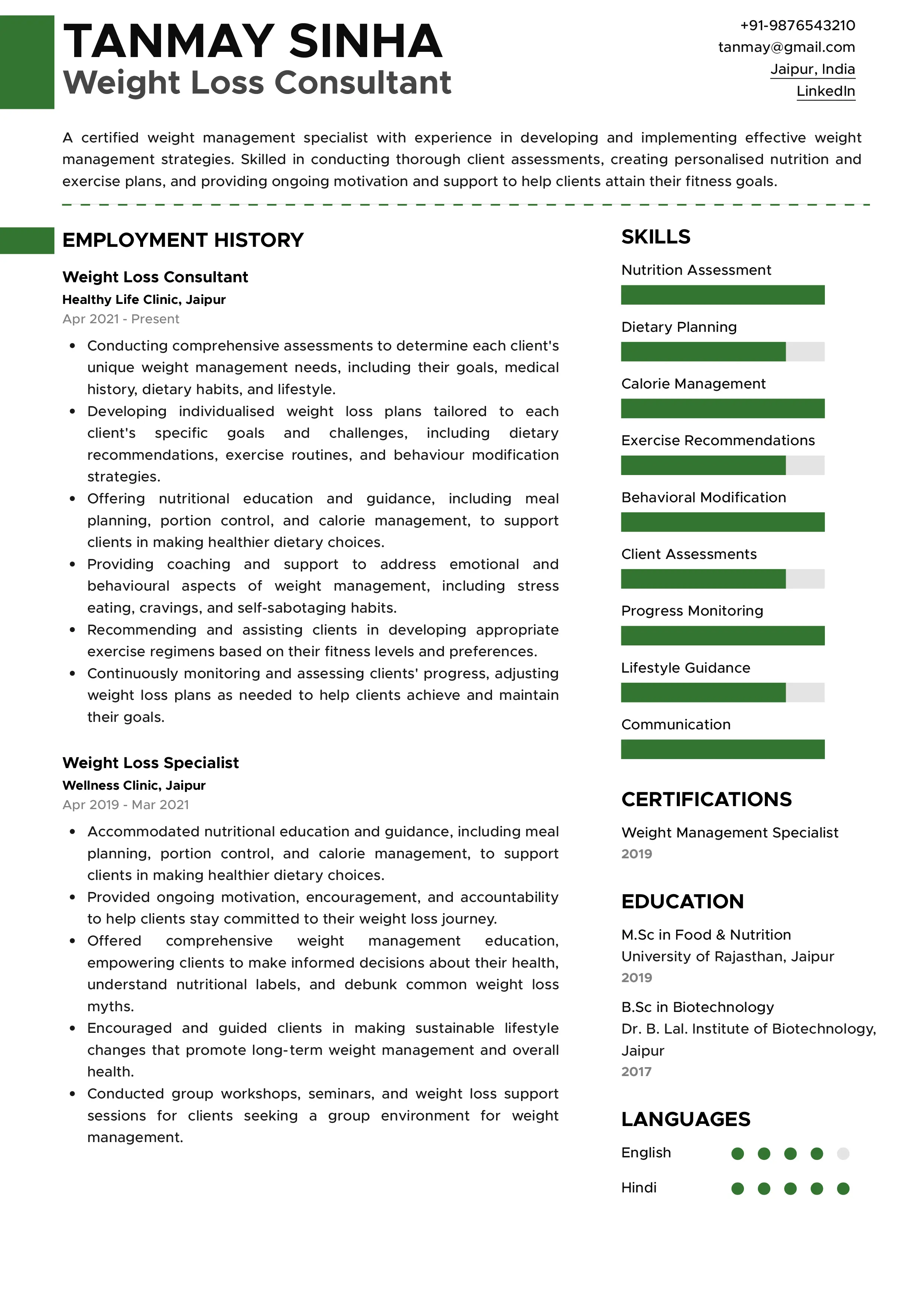 Sample Resume of Weight Loss Consultant | Free Resume Templates & Samples on Resumod.co