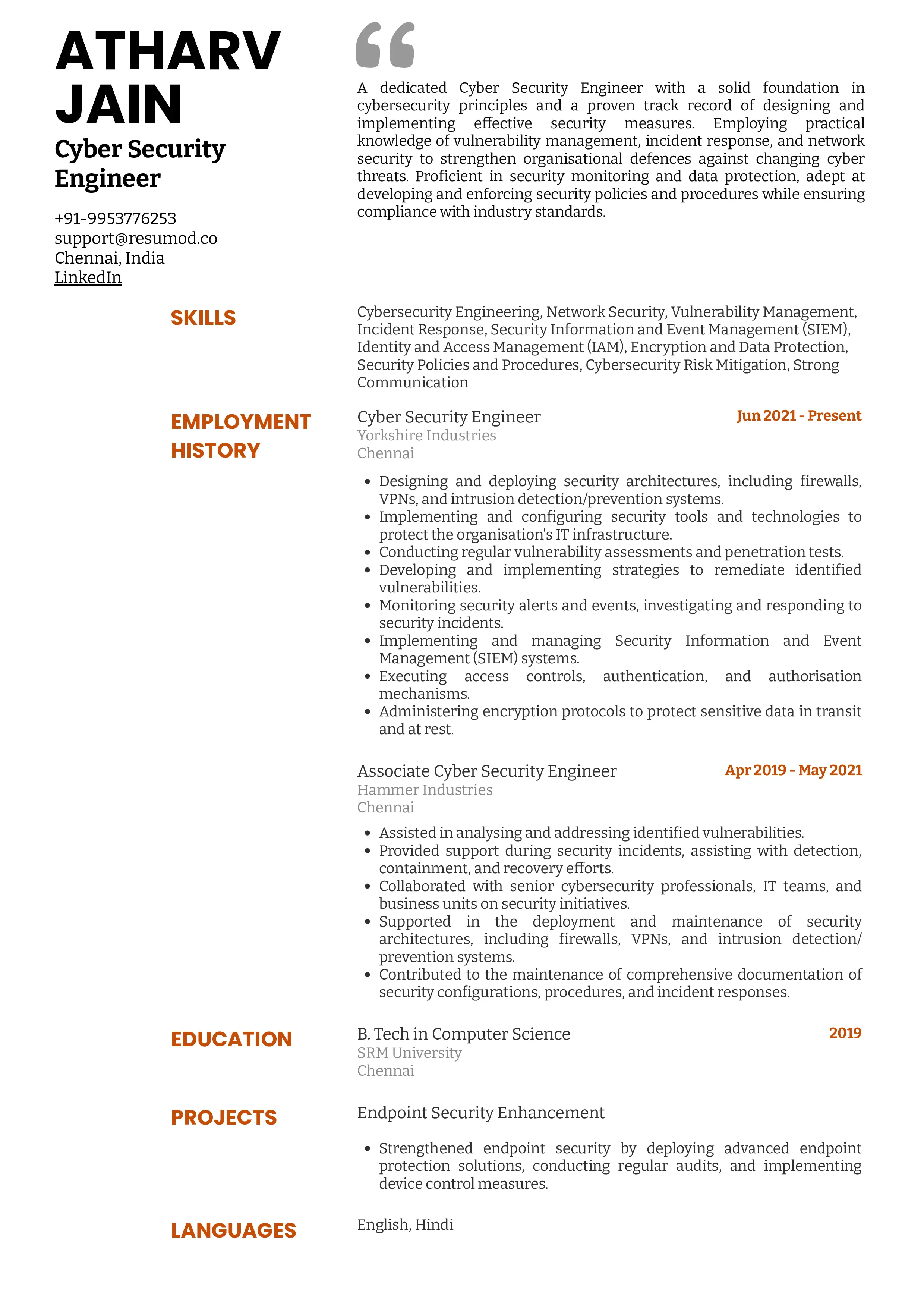 Sample Resume of Cyber Security Engineer | Free Resume Templates & Samples on Resumod.co