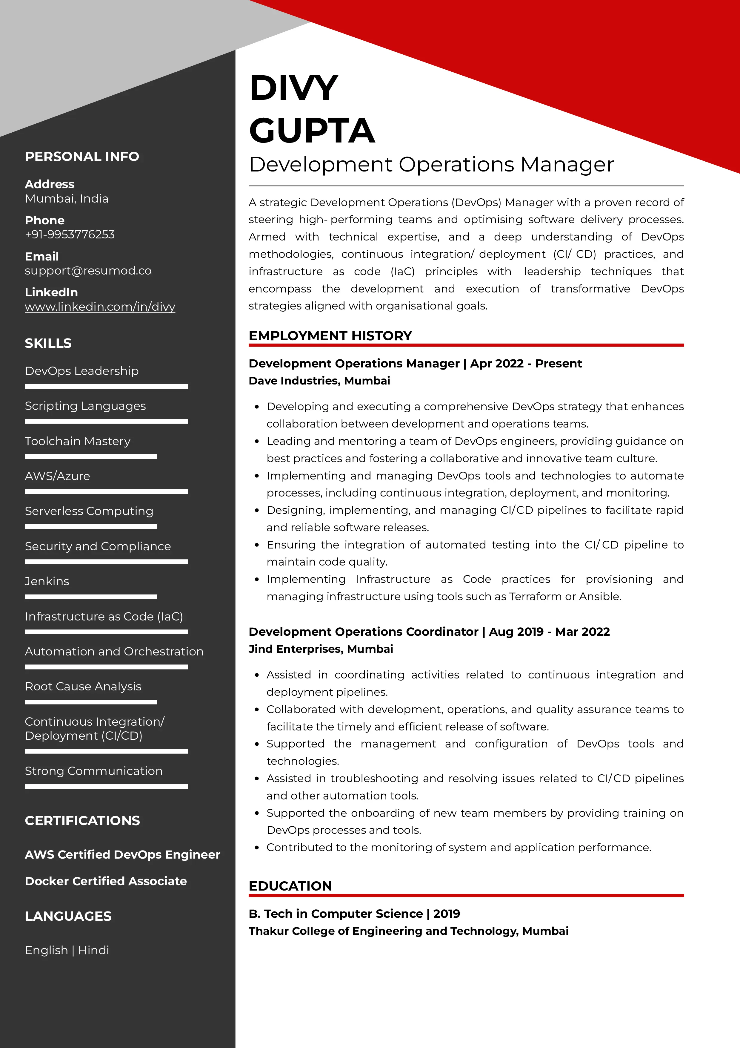 Sample Resume of Development Operations (DevOps) Manager | Free Resume Templates & Samples on Resumod.co