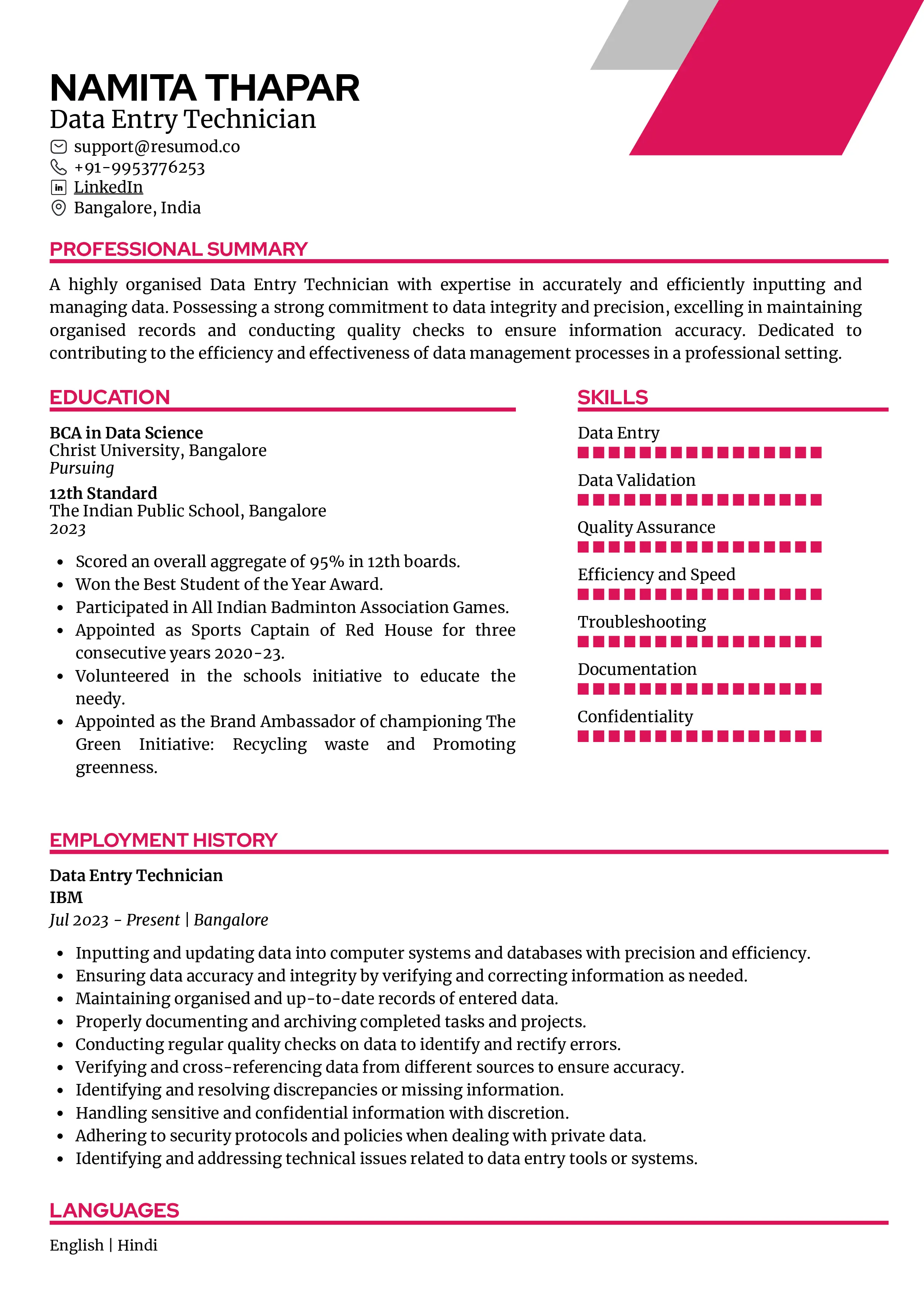 Sample Resume of Data Entry Technician | Free Resume Templates & Samples on Resumod.co