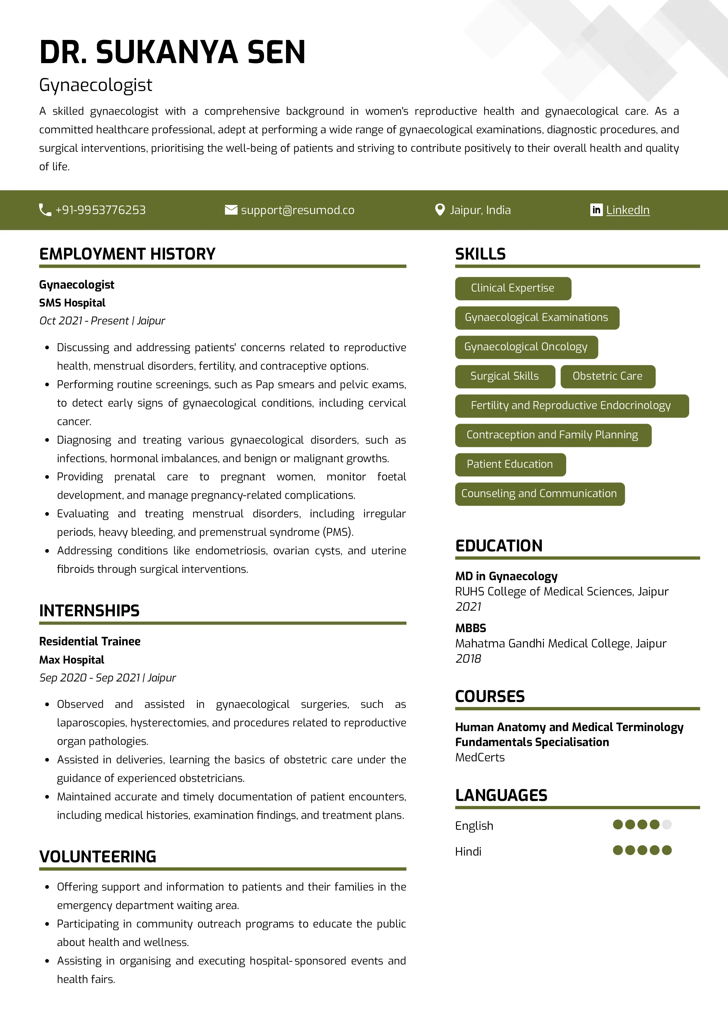 Sample Resume of Gynecologist | Free Resume Templates & Samples on Resumod.co