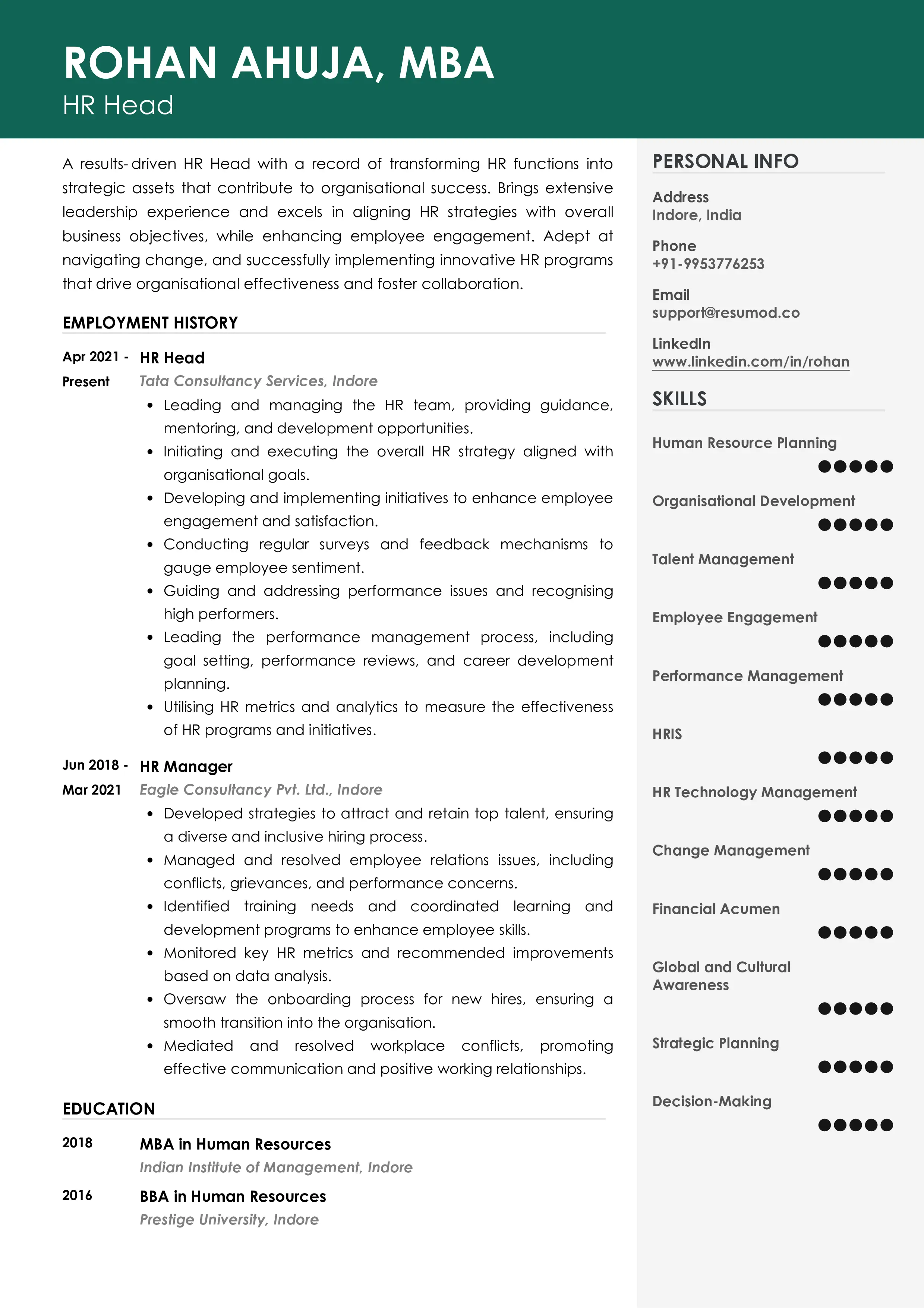 Sample Resume of HR Head | Free Resume Templates & Samples on Resumod.co