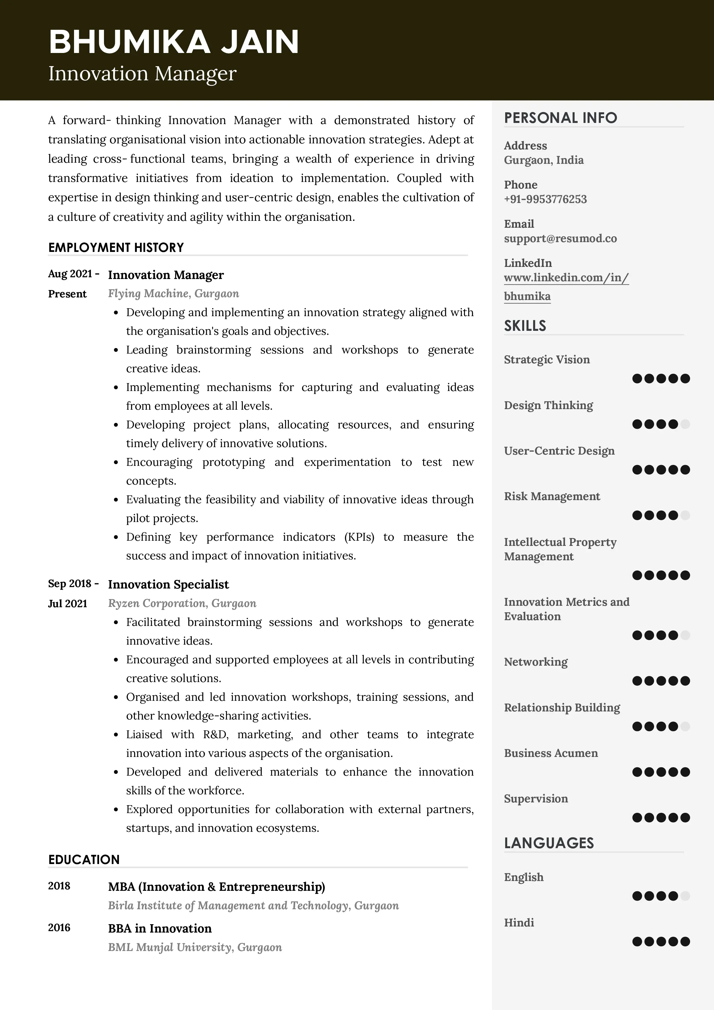 Sample Resume of Innovation Manager | Free Resume Templates & Samples on Resumod.co