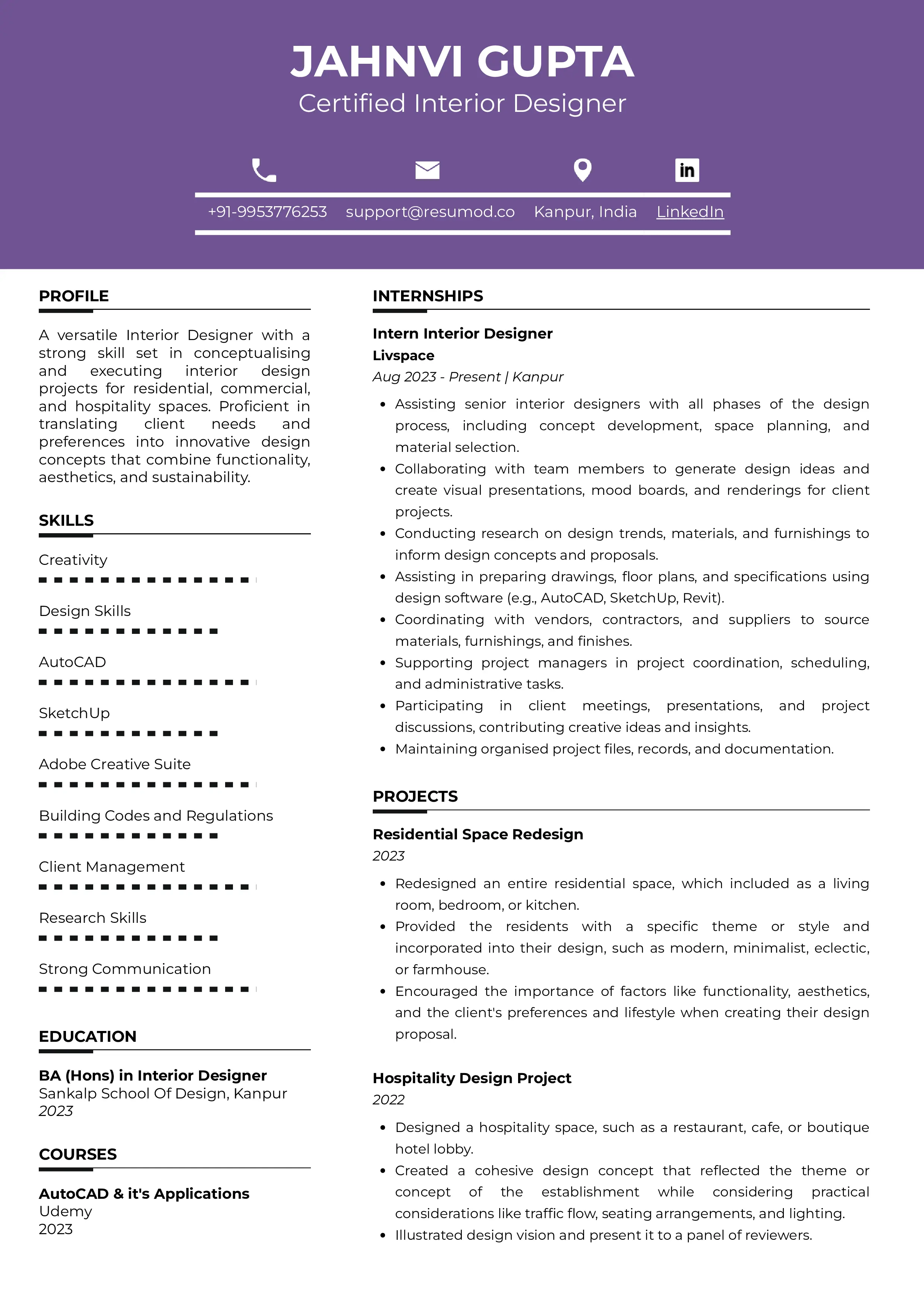 Sample Resume of Interior Design Graduate | Free Resume Templates & Samples on Resumod.co