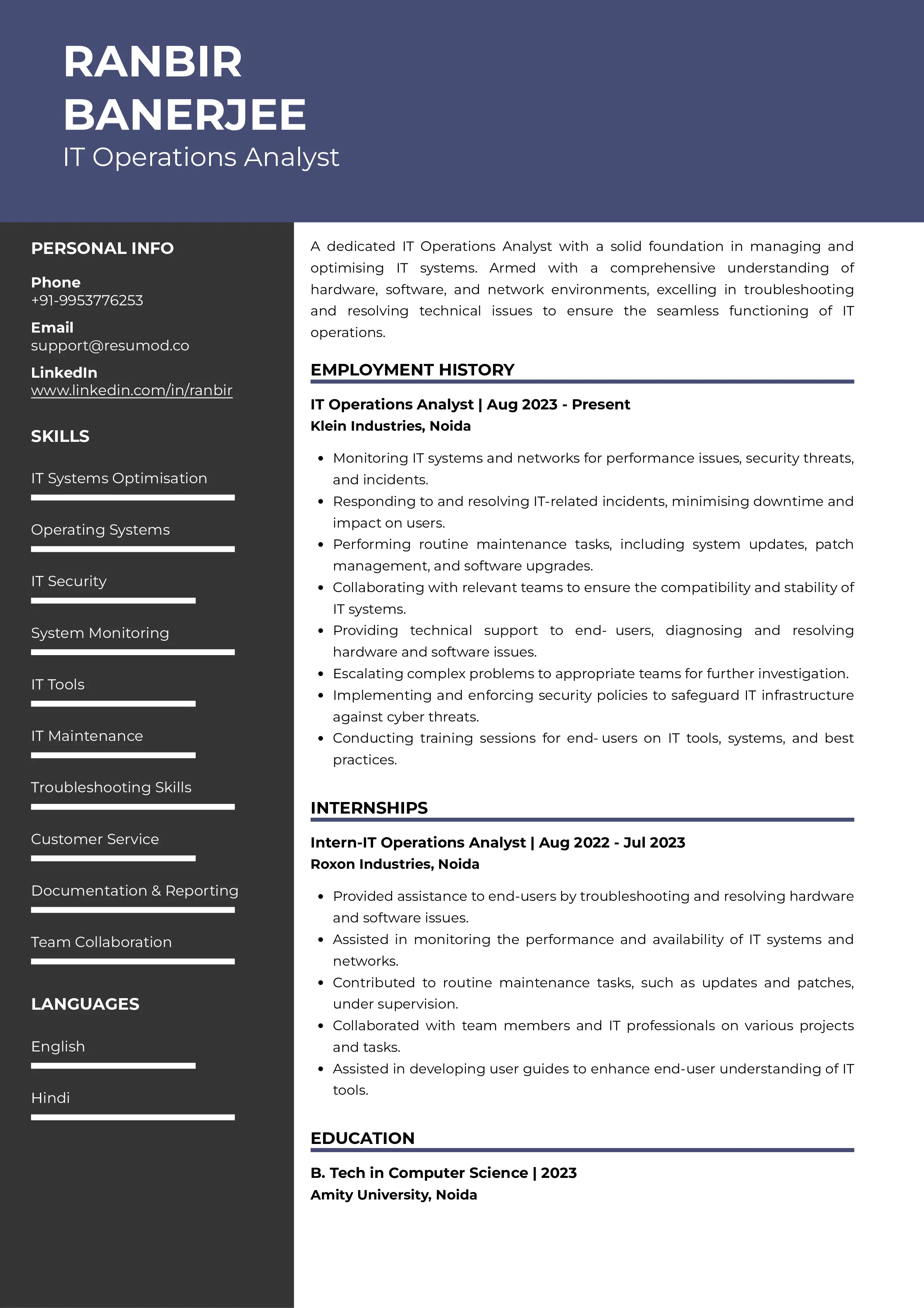 Sample Resume of IT Operations Analyst | Free Resume Templates & Samples on Resumod.co