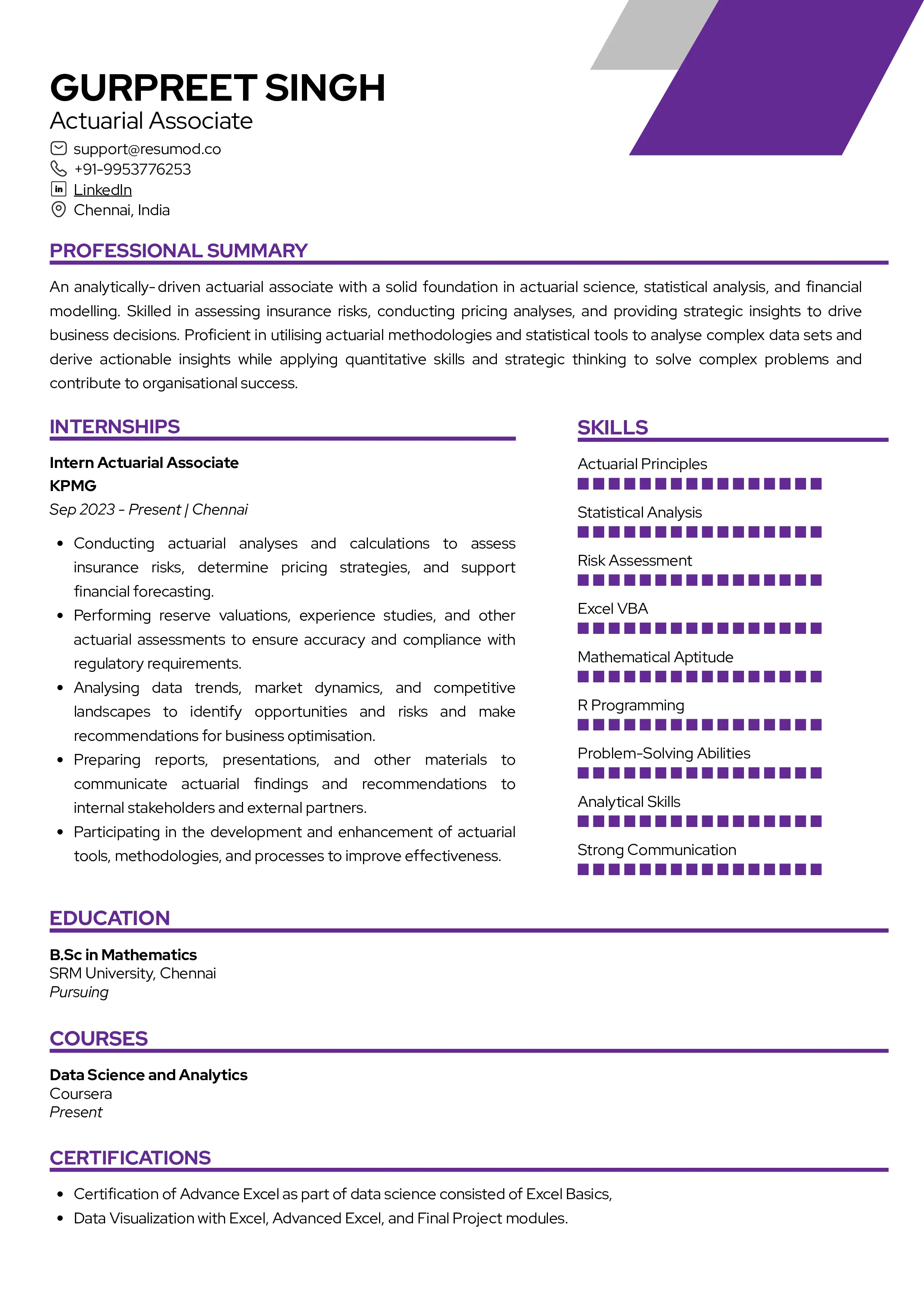 Sample Resume of Actuarial Associate (Intern) | Free Resume Templates & Samples on Resumod.co