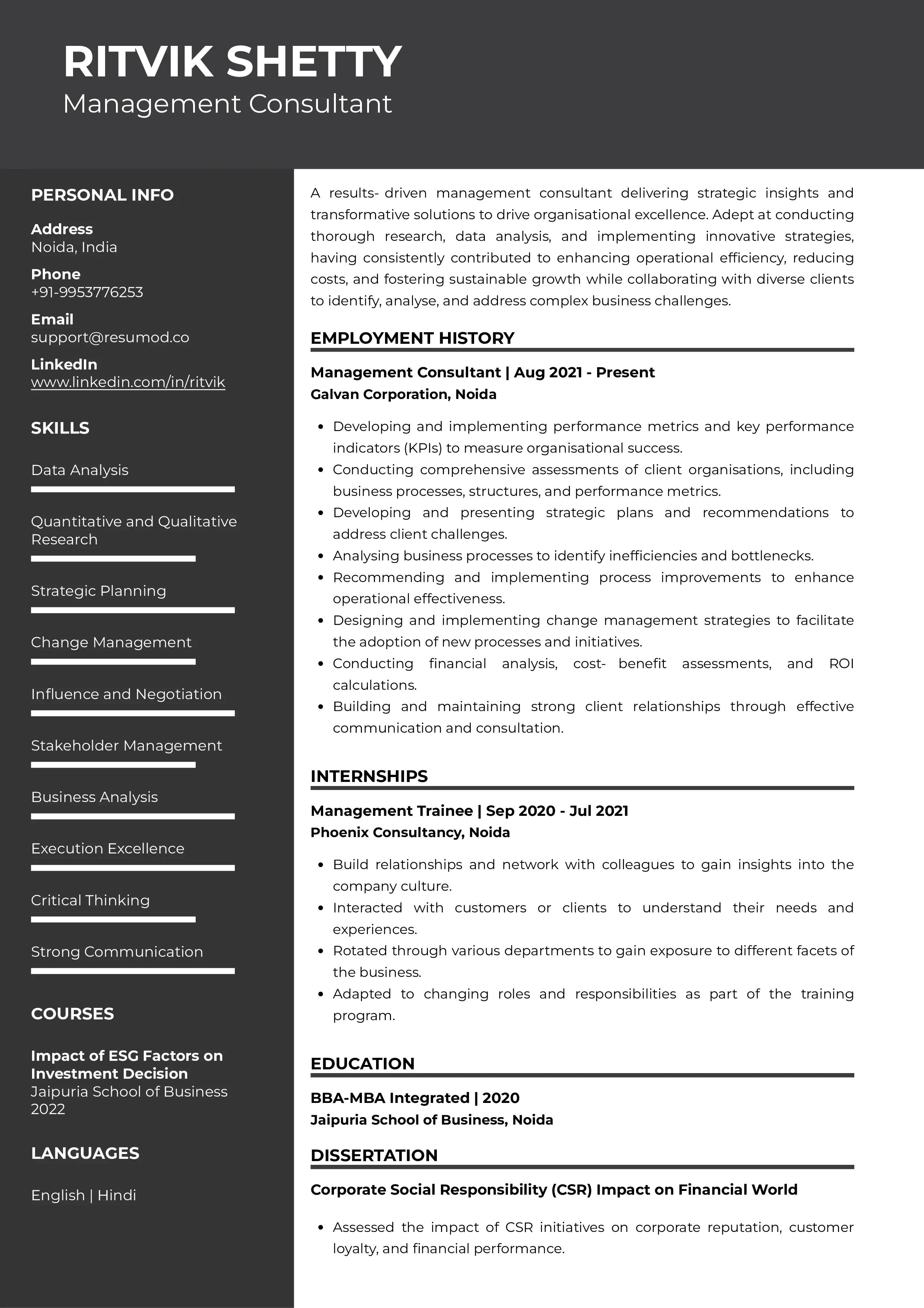 Sample Resume of Management Consultant | Free Resume Templates & Samples on Resumod.co