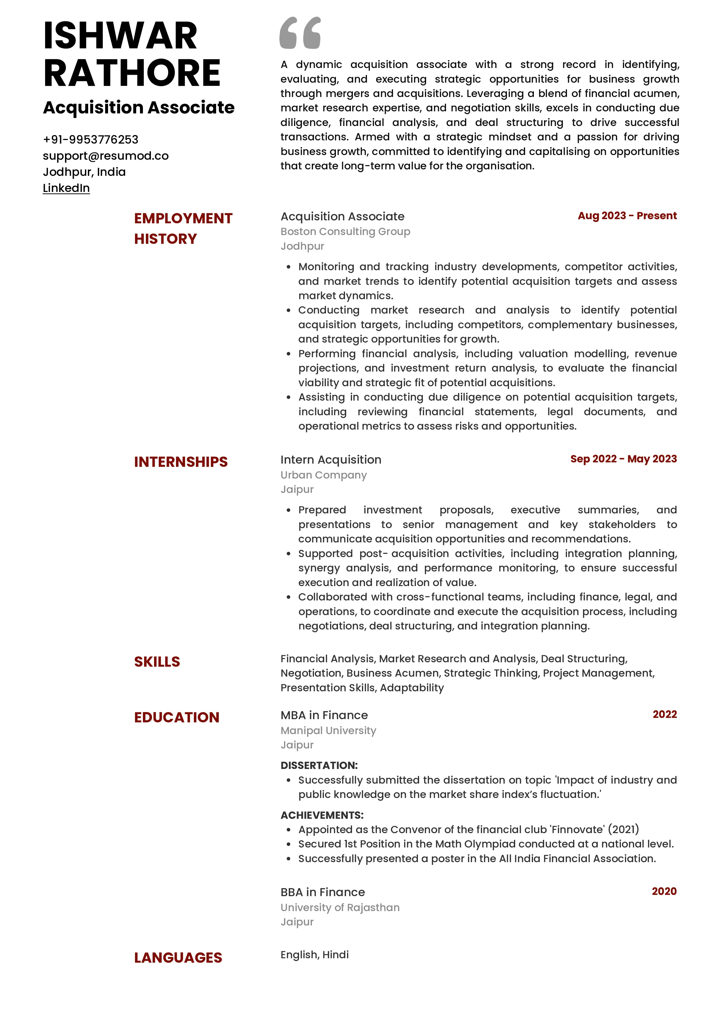 Sample Resume of Acquisition Associate | Free Resume Templates & Samples on Resumod.co