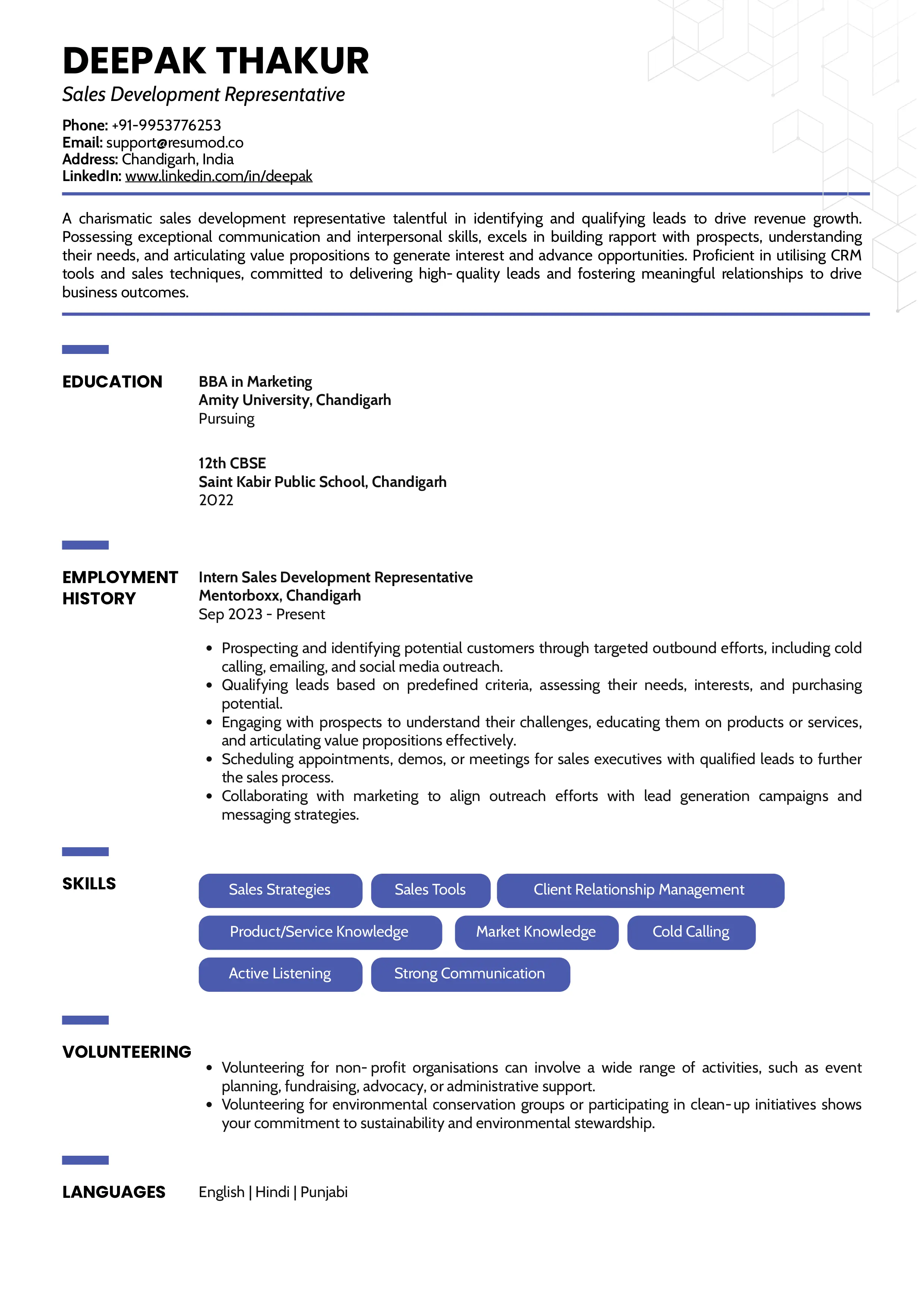 Sample Resume of Sales Development Representative | Free Resume Templates & Samples on Resumod.co
