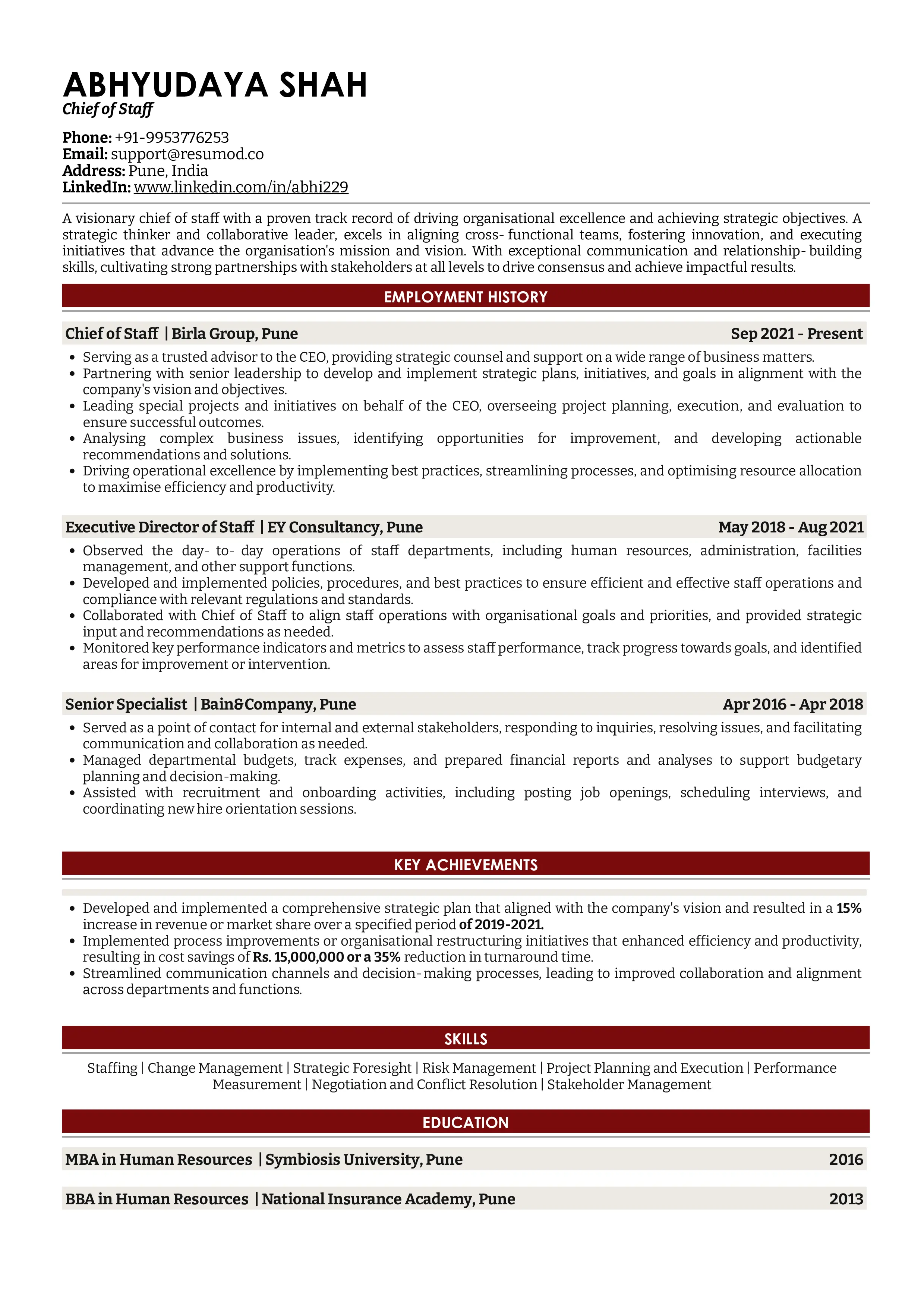 Sample Resume of Chief of Staff | Free Resume Templates & Samples on Resumod.co