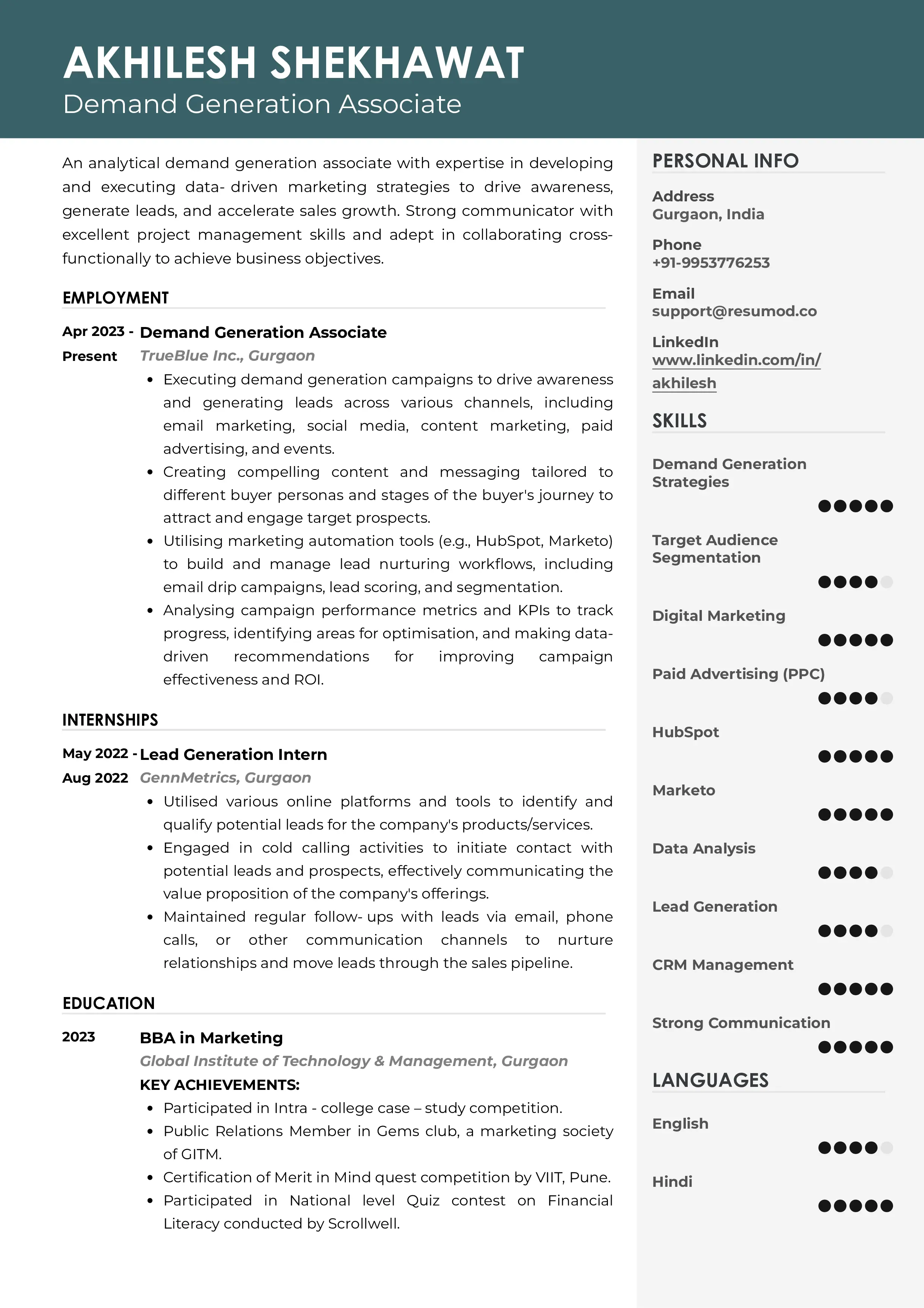 Sample Resume of Demand Generation Associate | Free Resume Templates & Samples on Resumod.co