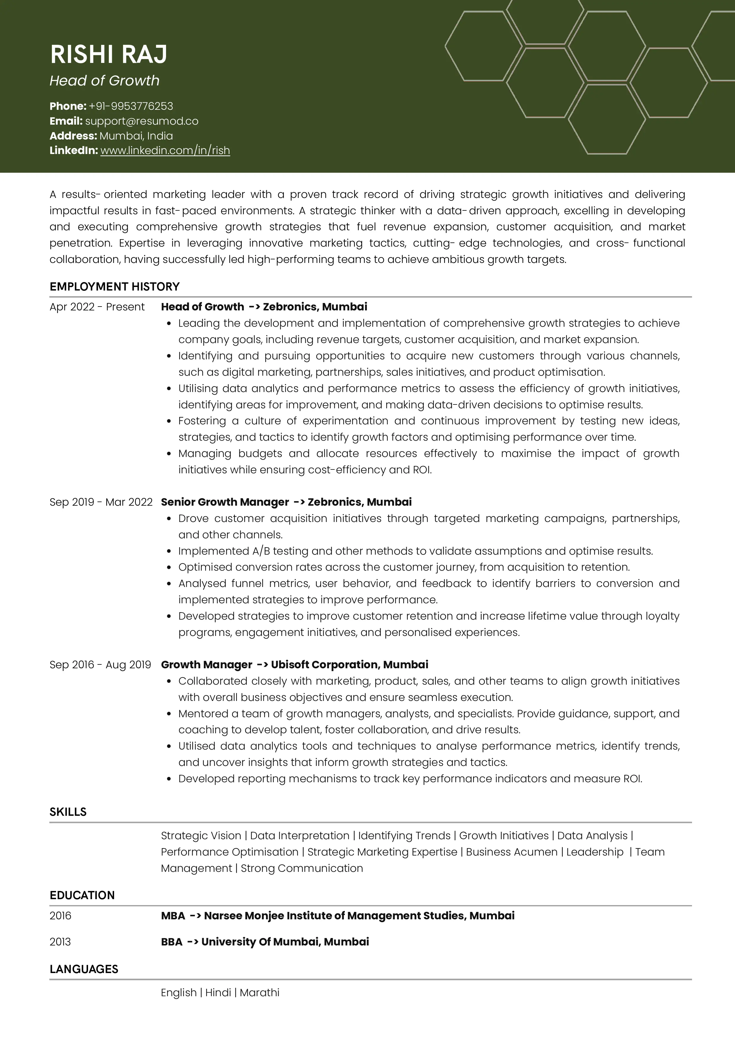 Sample Resume of Head of Business Growth | Free Resume Templates & Samples on Resumod.co