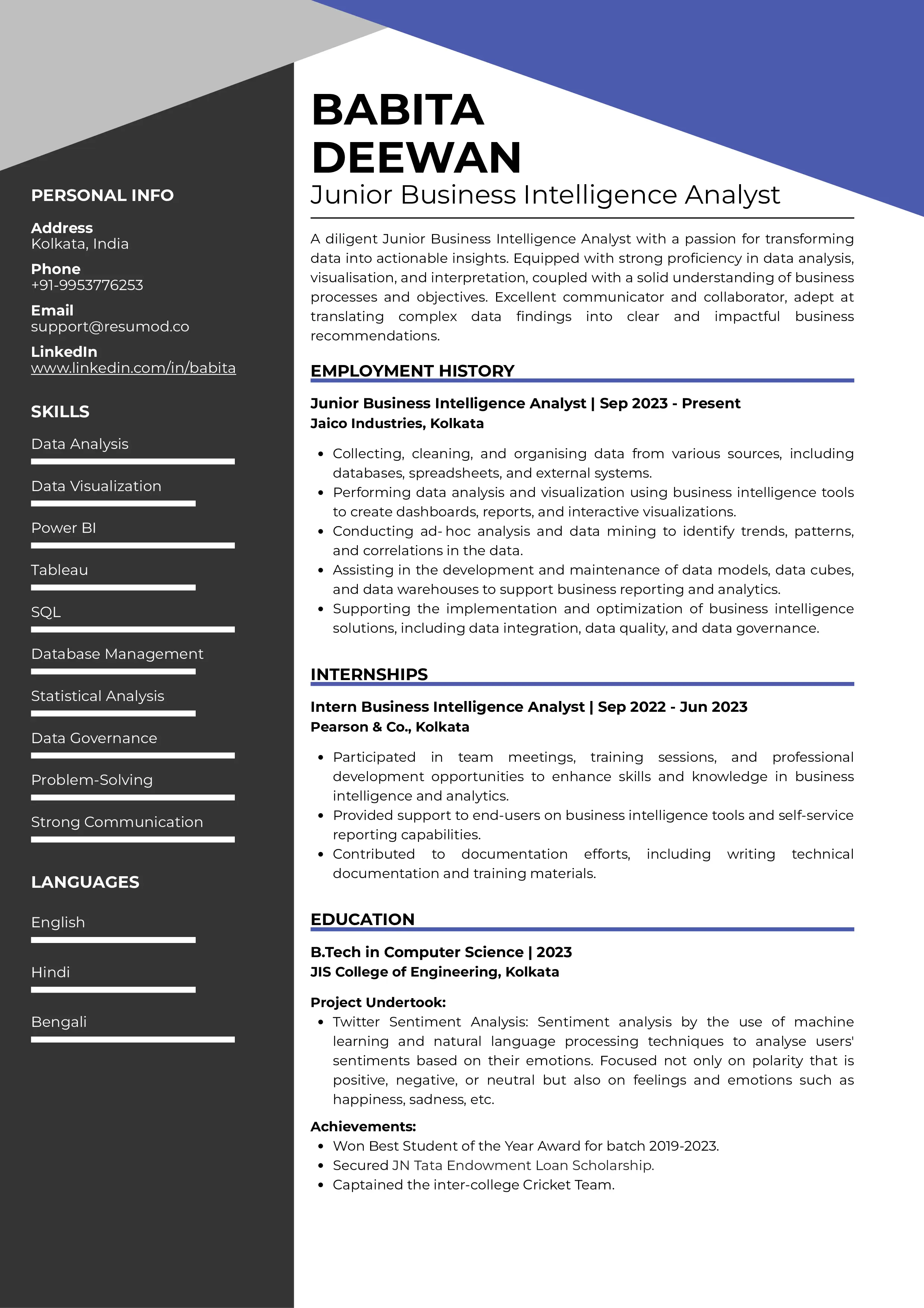 Sample Resume of Junior Business Intelligence Analyst | Free Resume Templates & Samples on Resumod.co