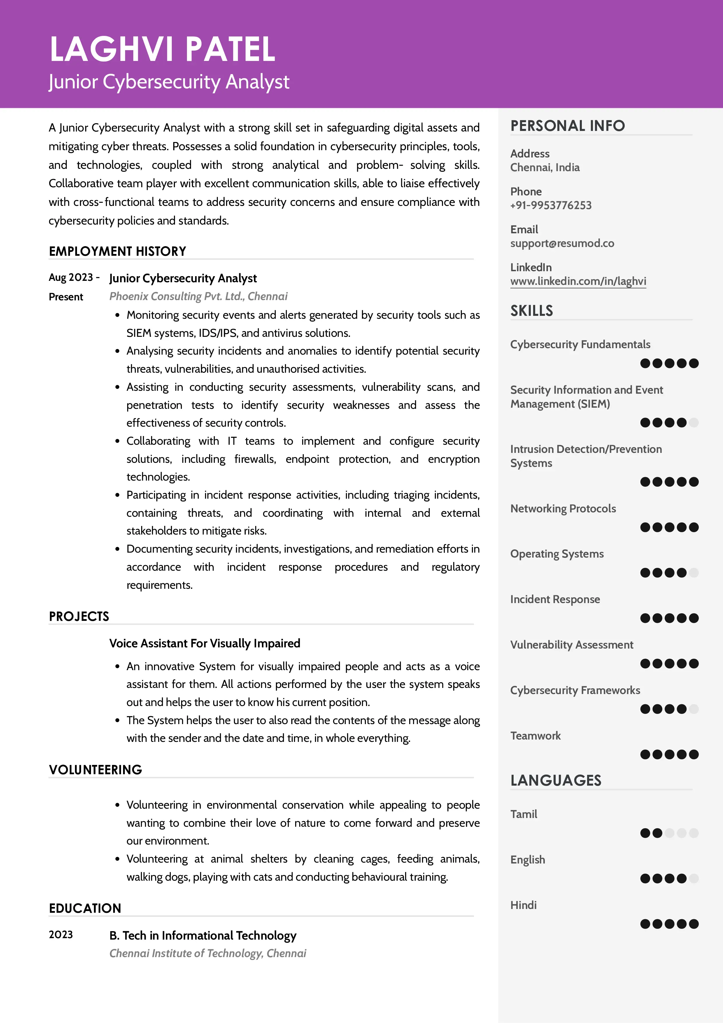 Sample Resume of Junior Cybersecurity Analyst | Free Resume Templates & Samples on Resumod.co