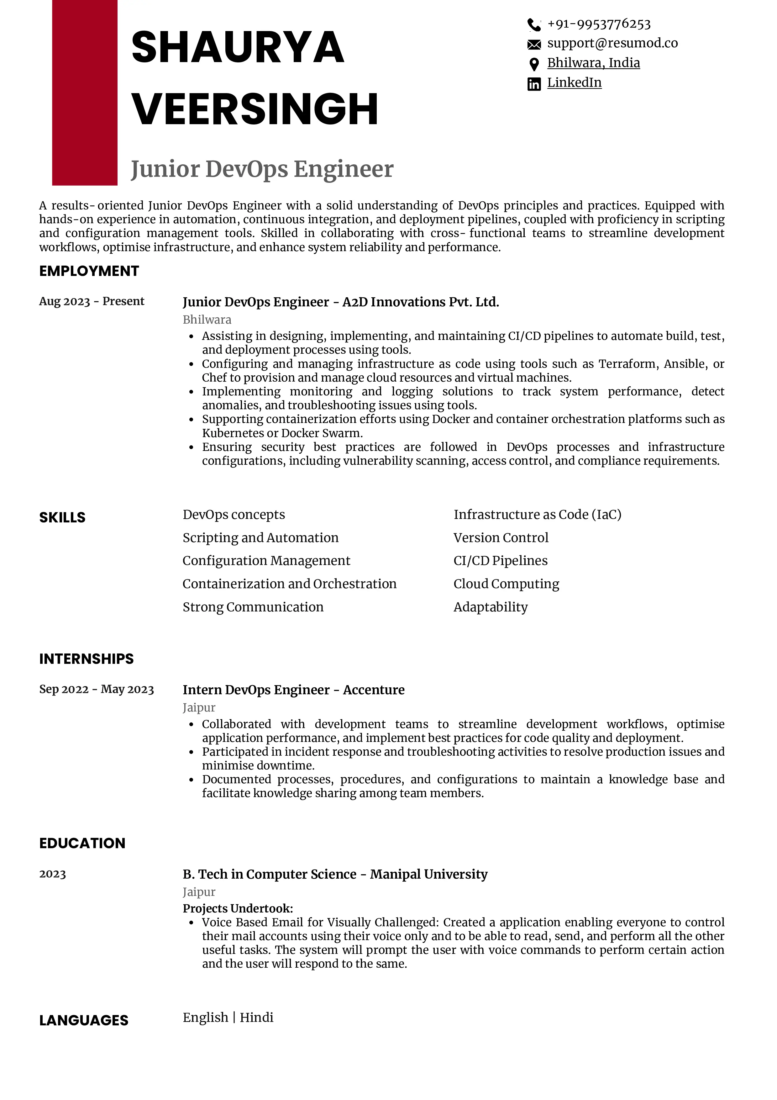 Sample Resume of Junior DevOps Engineer | Free Resume Templates & Samples on Resumod.co